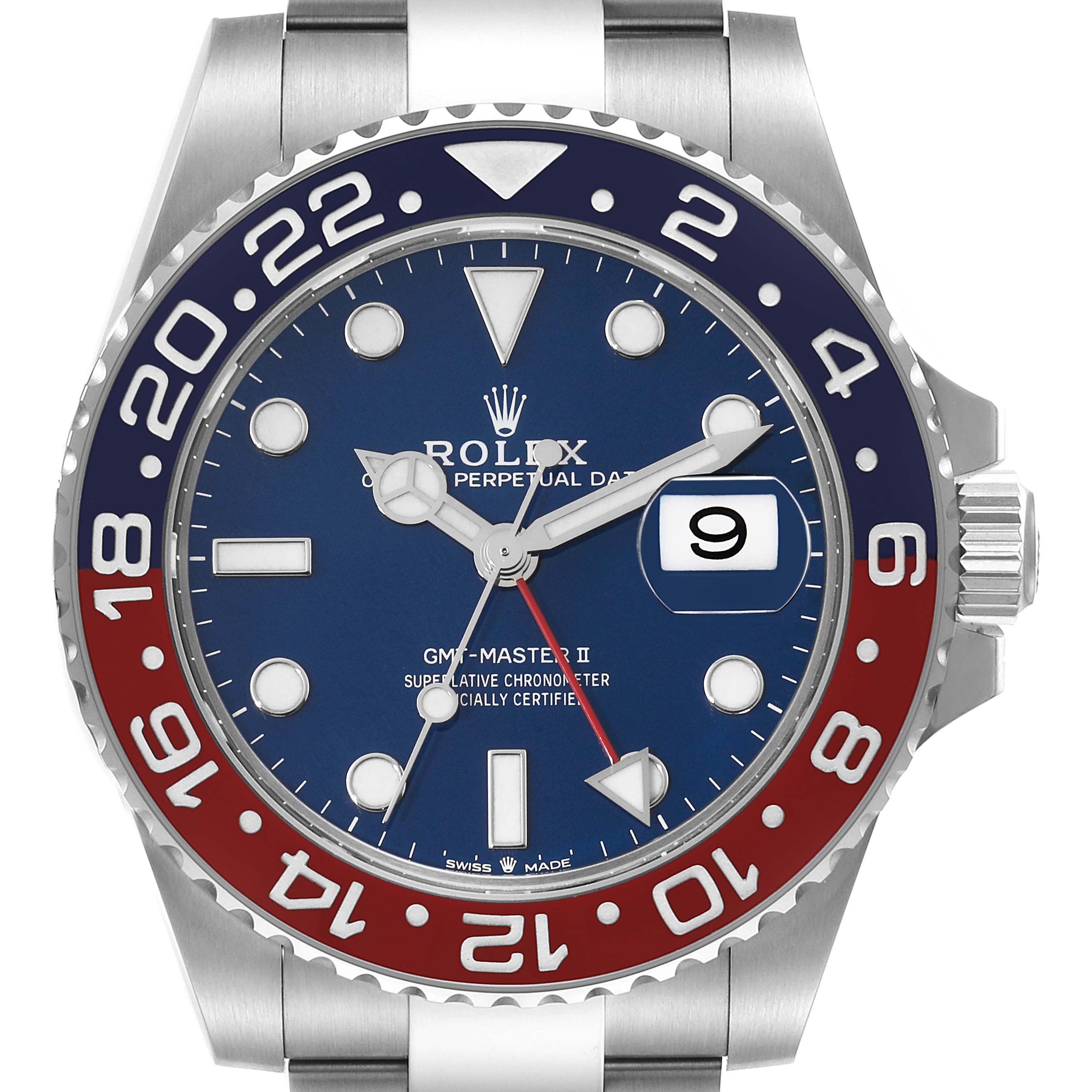 The image shows a front view of a Rolex GMT-Master 126719 Men's White Gold Blue Dial 126719 Men's White Gold Blue Dial II watch, featuring its dial, bezel, and part of the bracelet.