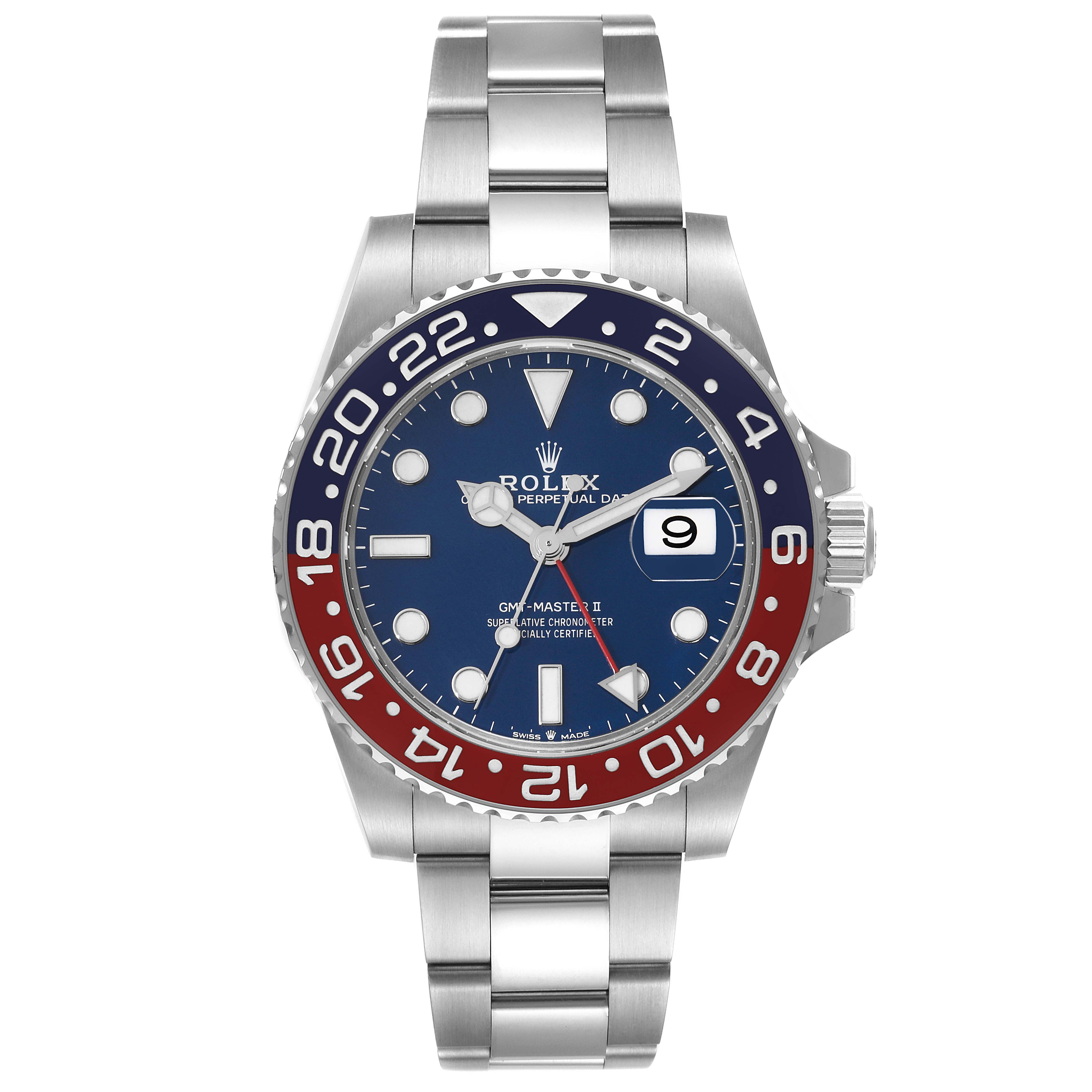 The image shows a front view of the Rolex GMT-Master 126719 Men's White Gold Blue Dial 126719 Men's White Gold Blue Dial II, displaying the dial, bezel, and part of the bracelet.