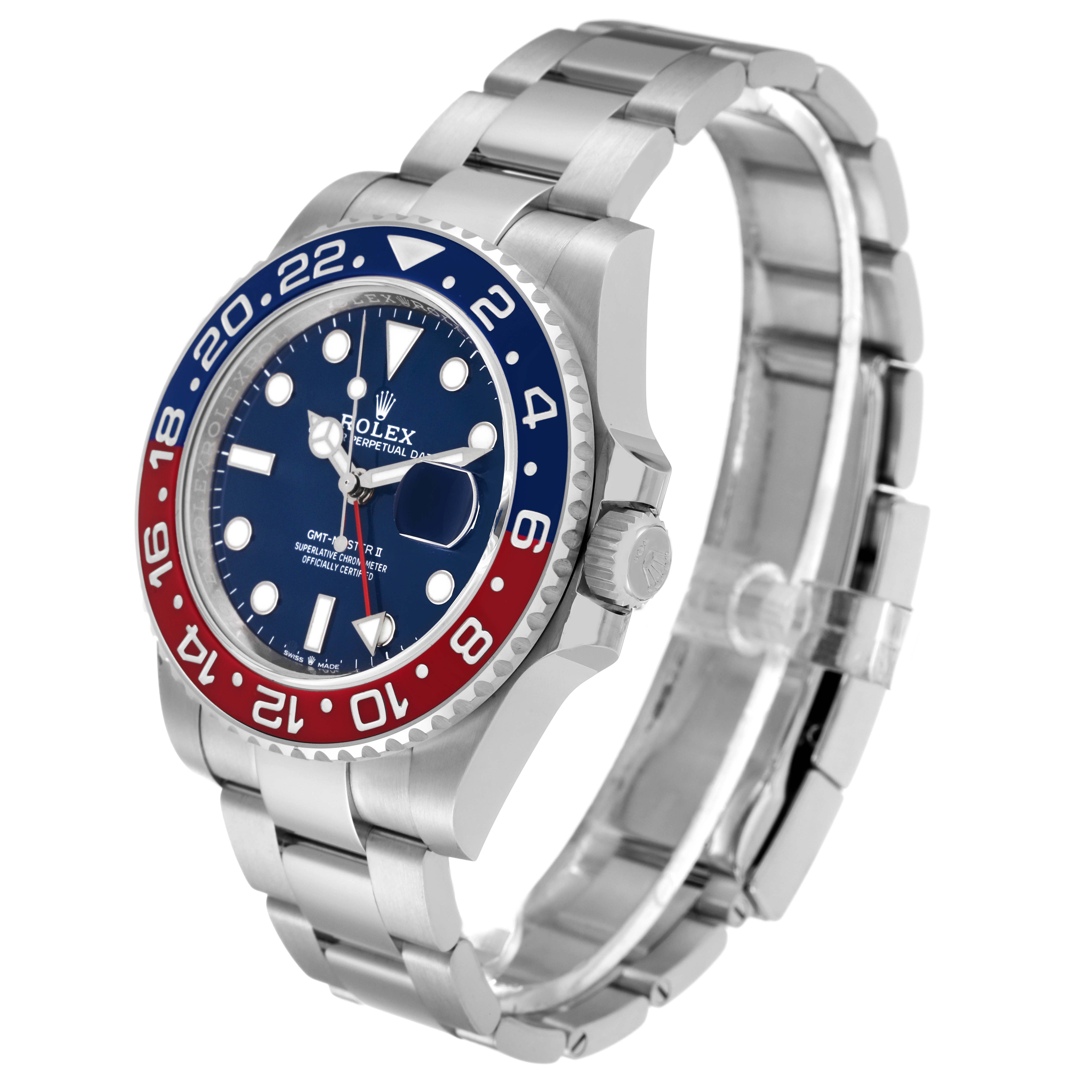 The image shows a side view of a Rolex GMT-Master 126719 Men's White Gold Blue Dial 126719 Men's White Gold Blue Dial with a blue and red bezel and stainless steel bracelet.