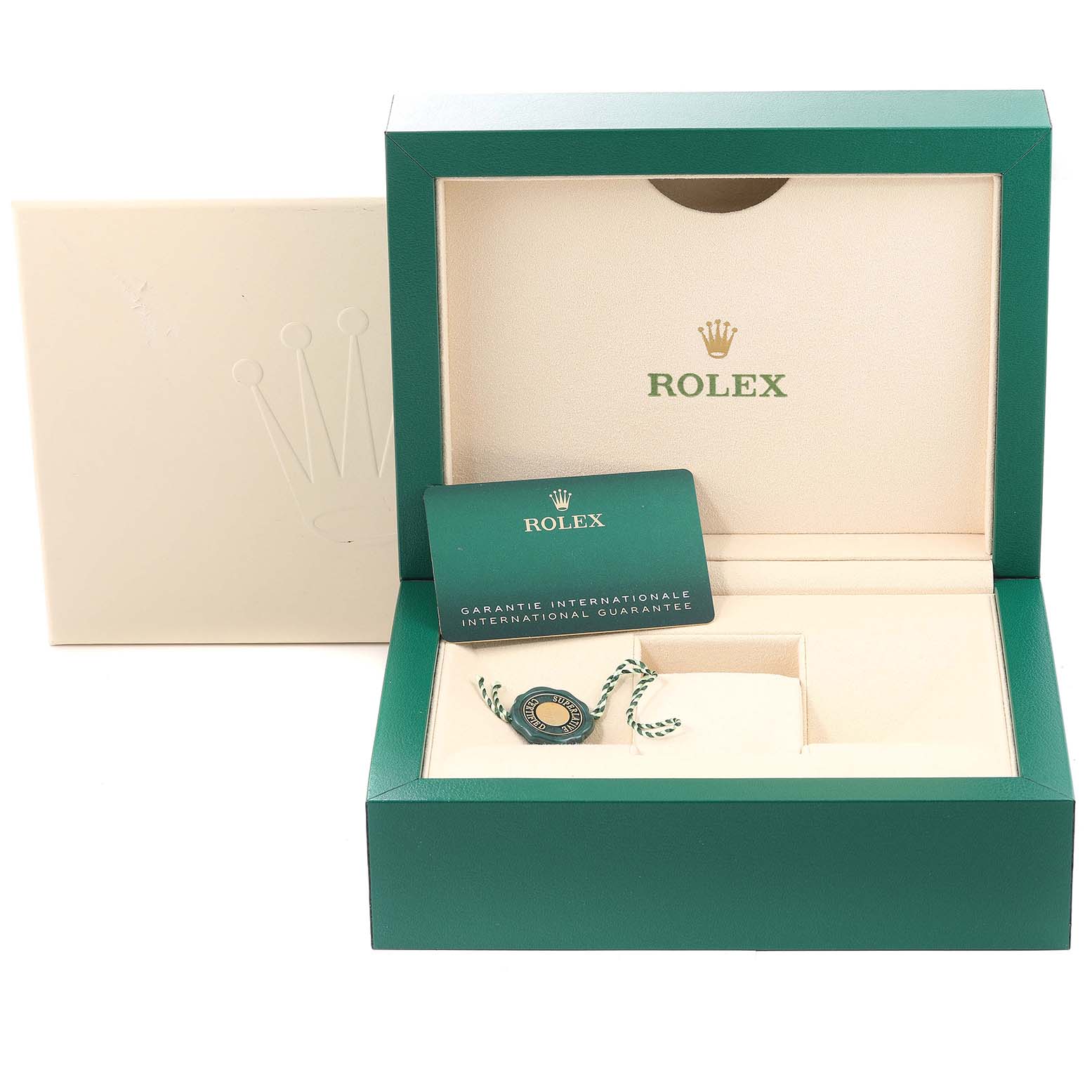 The image shows an empty Rolex GMT-Master 126719 Men's White Gold Blue Dial 126719 Men's White Gold Blue Dial watch box with a guarantee card and a tag placed inside.