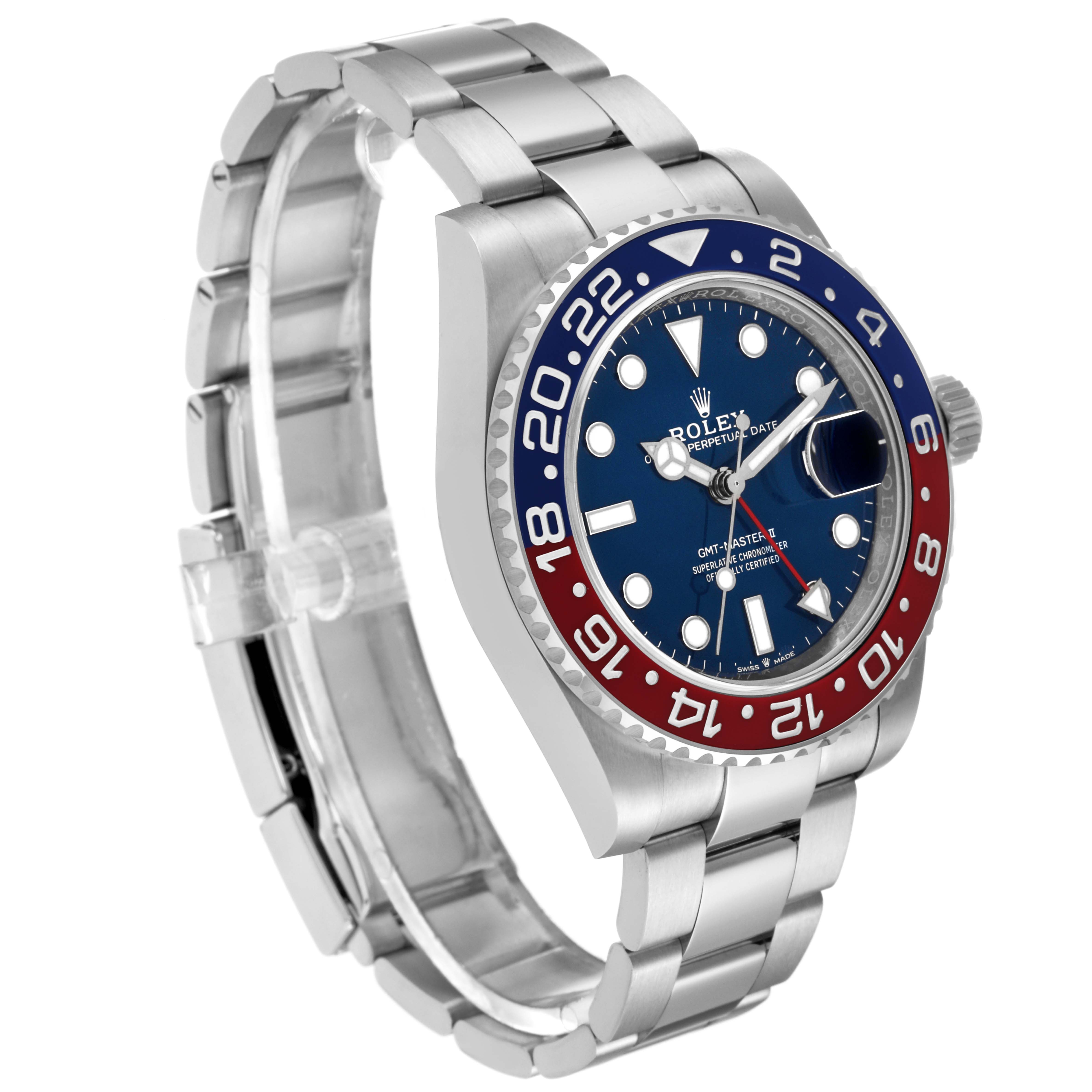 The image shows a Rolex GMT-Master 126719 Men's White Gold Blue Dial 126719 Men's White Gold Blue Dial watch at a three-quarter angle, displaying the face, bezel, crown, and bracelet.