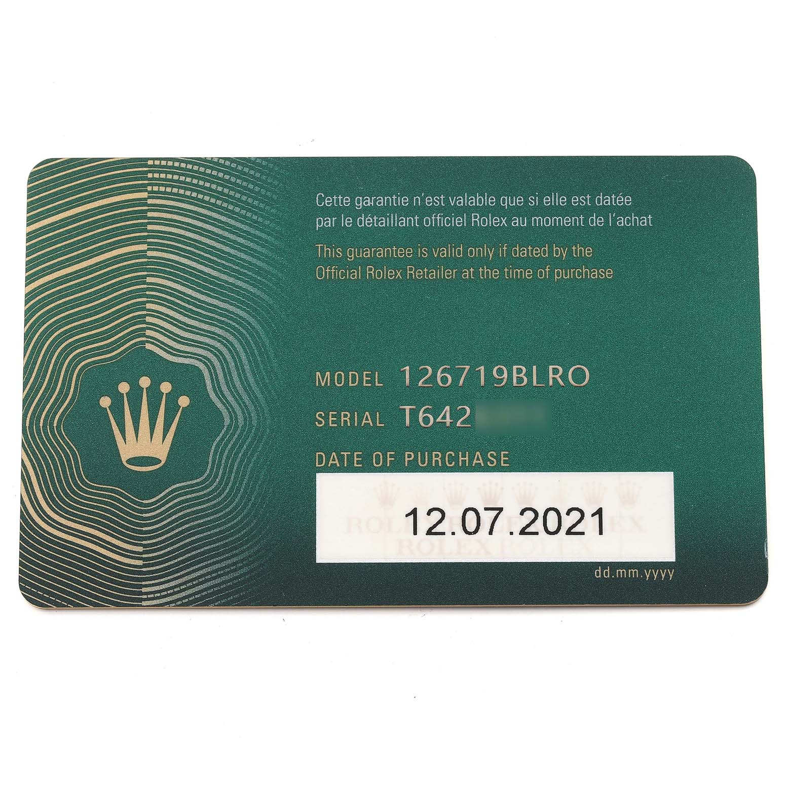 The image shows a guarantee card for the Rolex GMT-Master 126719 Men's White Gold Blue Dial 126719 Men's White Gold Blue Dial model 126719BLRO, detailing the serial number and the date of purchase.