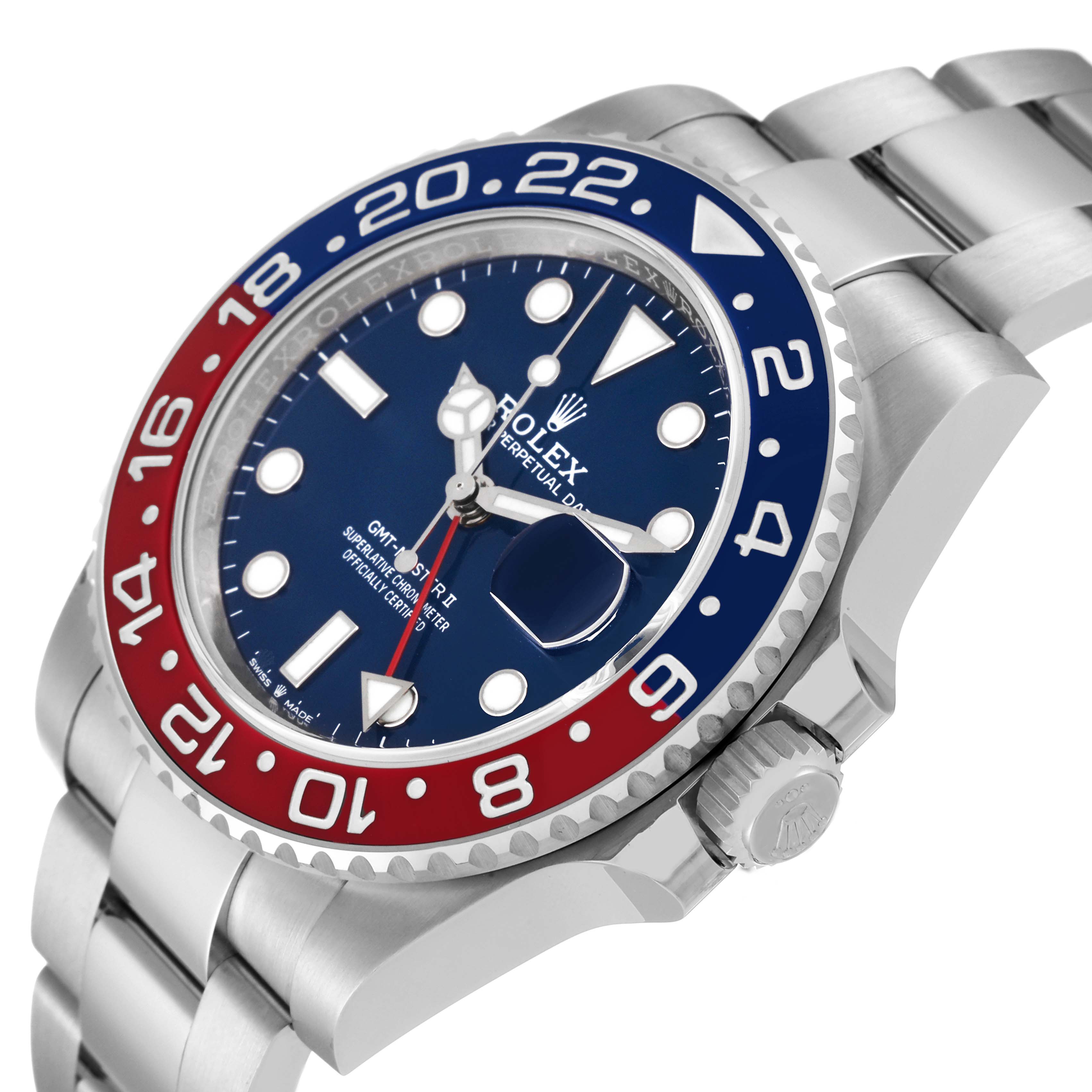 This image shows the side and face of a Rolex GMT-Master 126719 Men's White Gold Blue Dial 126719 Men's White Gold Blue Dial watch, highlighting its bezel and crown.