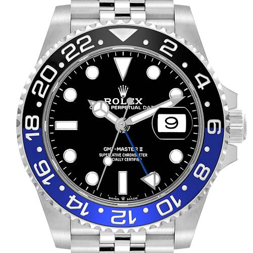 This image shows a front view of a Rolex GMT-Master II watch, highlighting its black and blue ceramic bezel, dial, and date display.