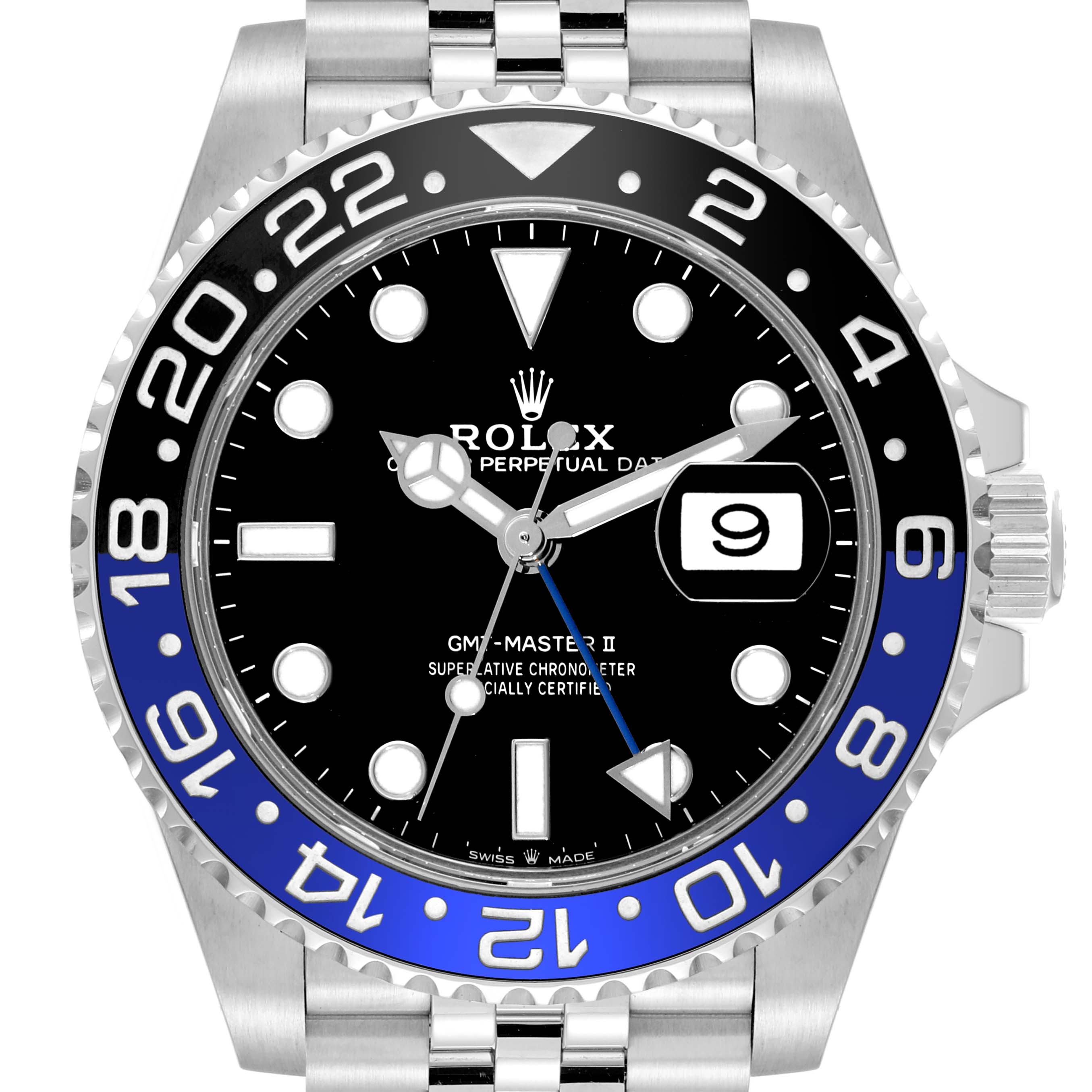 The image shows the front view of the Rolex GMT-Master 126710 Men's Stainless Steel Black Dial 126710 Men's Stainless Steel Black Dial II watch, displaying the dial, bezel, and part of the bracelet.