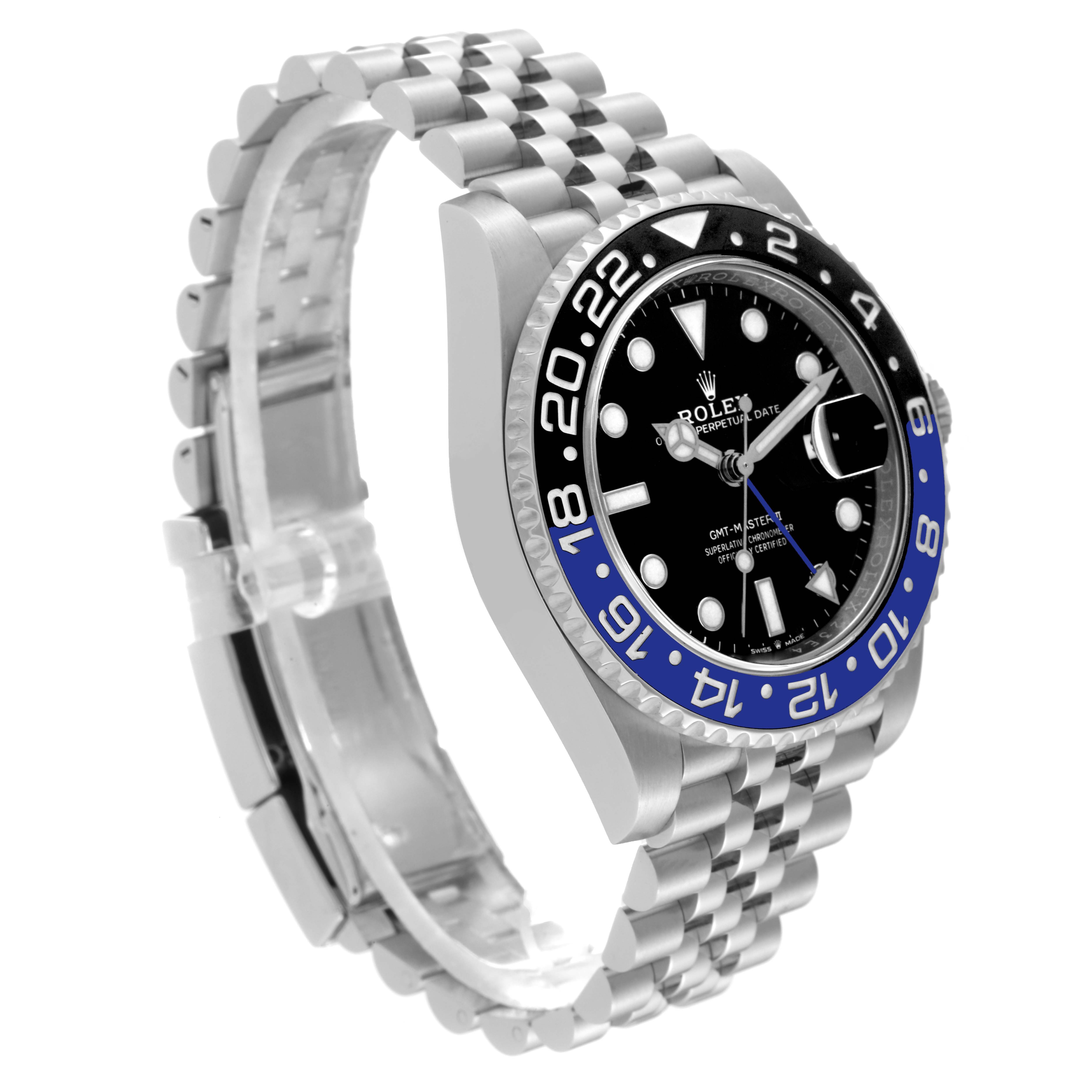The image shows a Rolex GMT-Master 126710 Men's Stainless Steel Black Dial 126710 Men's Stainless Steel Black Dial watch at a three-quarter angle, highlighting the bracelet, bezel, and dial.