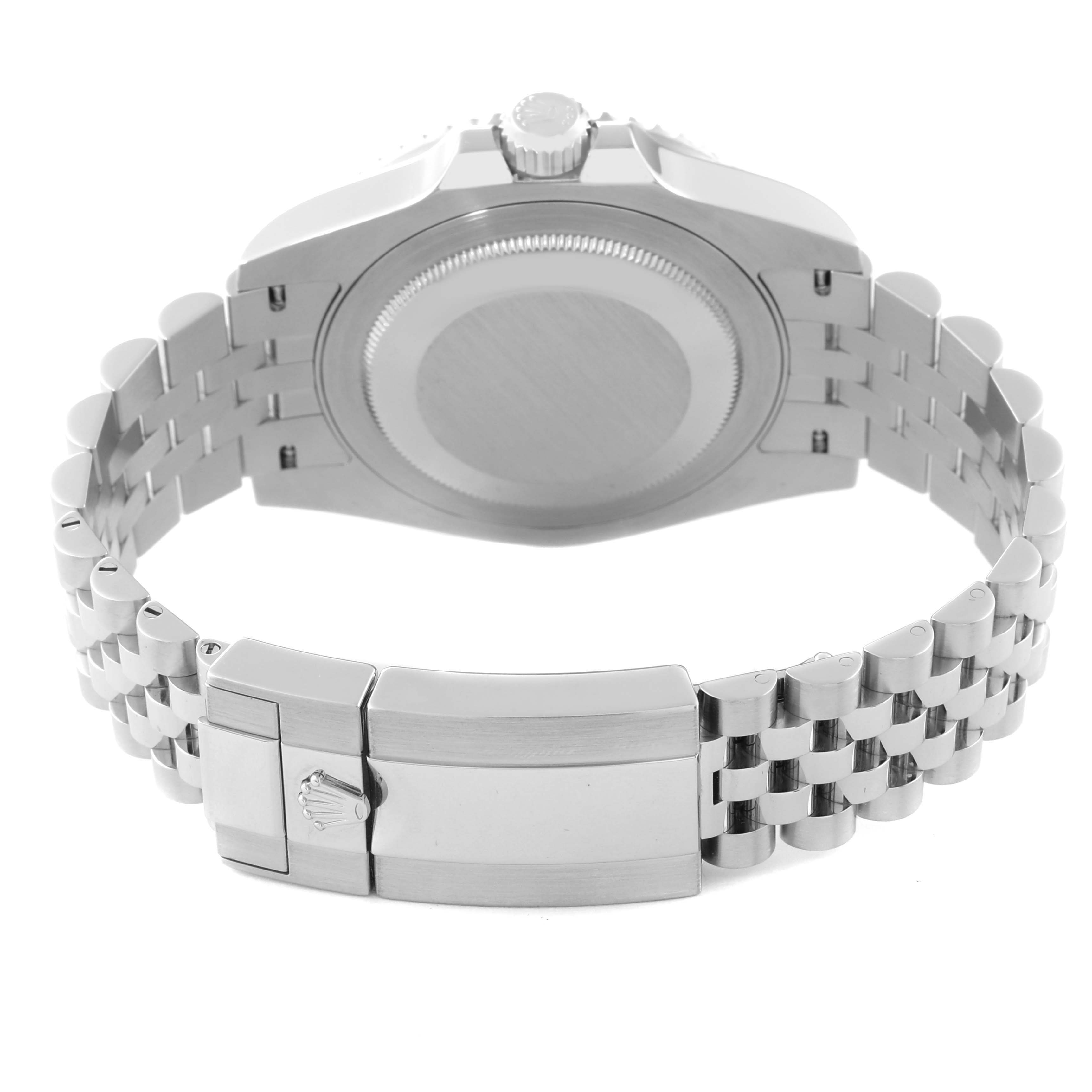 This image shows the back case and bracelet clasp of a Rolex GMT-Master 126710 Men's Stainless Steel Black Dial 126710 Men's Stainless Steel Black Dial watch from a rear angle.