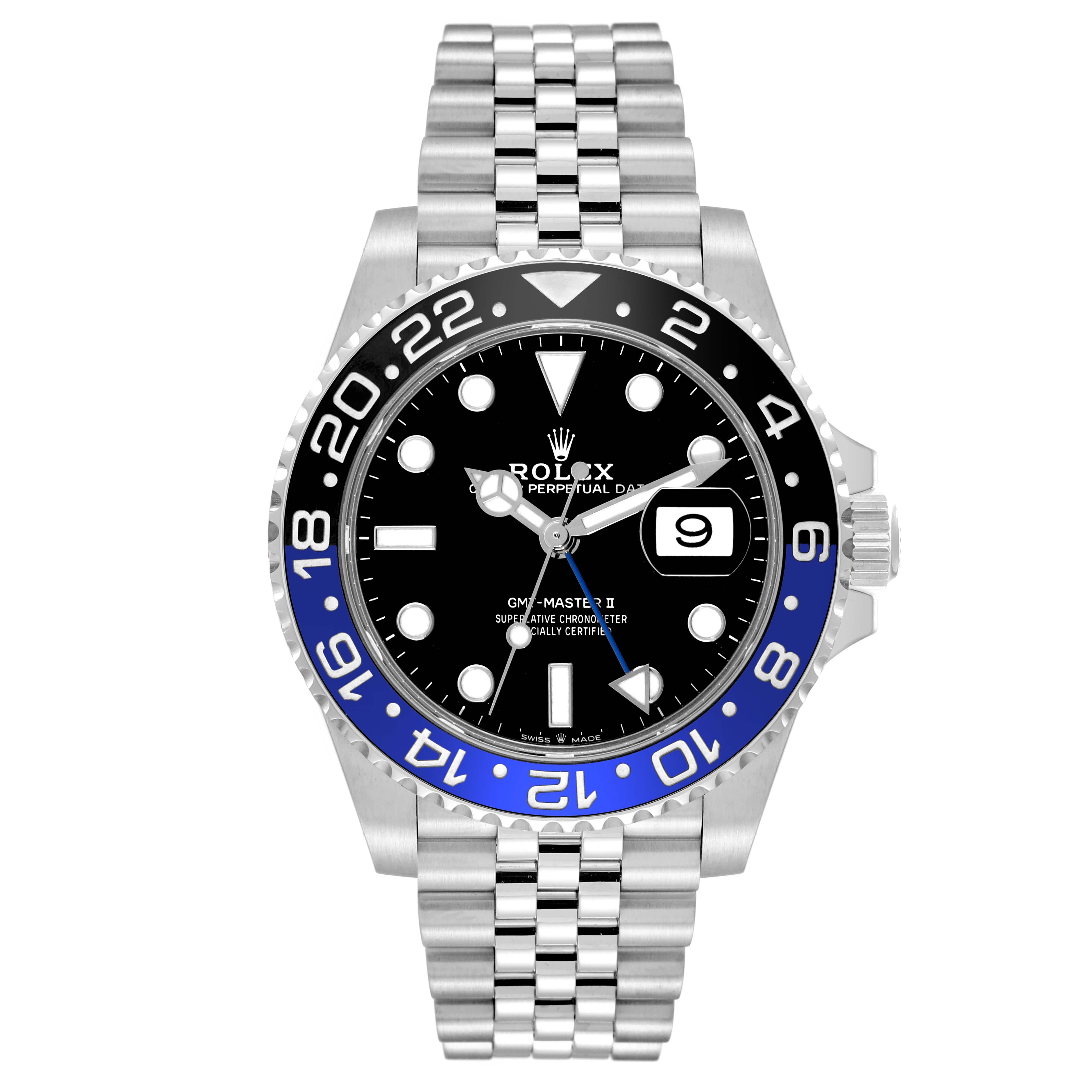 The image shows a Rolex GMT-Master 126710 Men's Stainless Steel Black Dial 126710 Men's Stainless Steel Black Dial II watch from a front angle, highlighting its bezel, dial, date window, and bracelet.