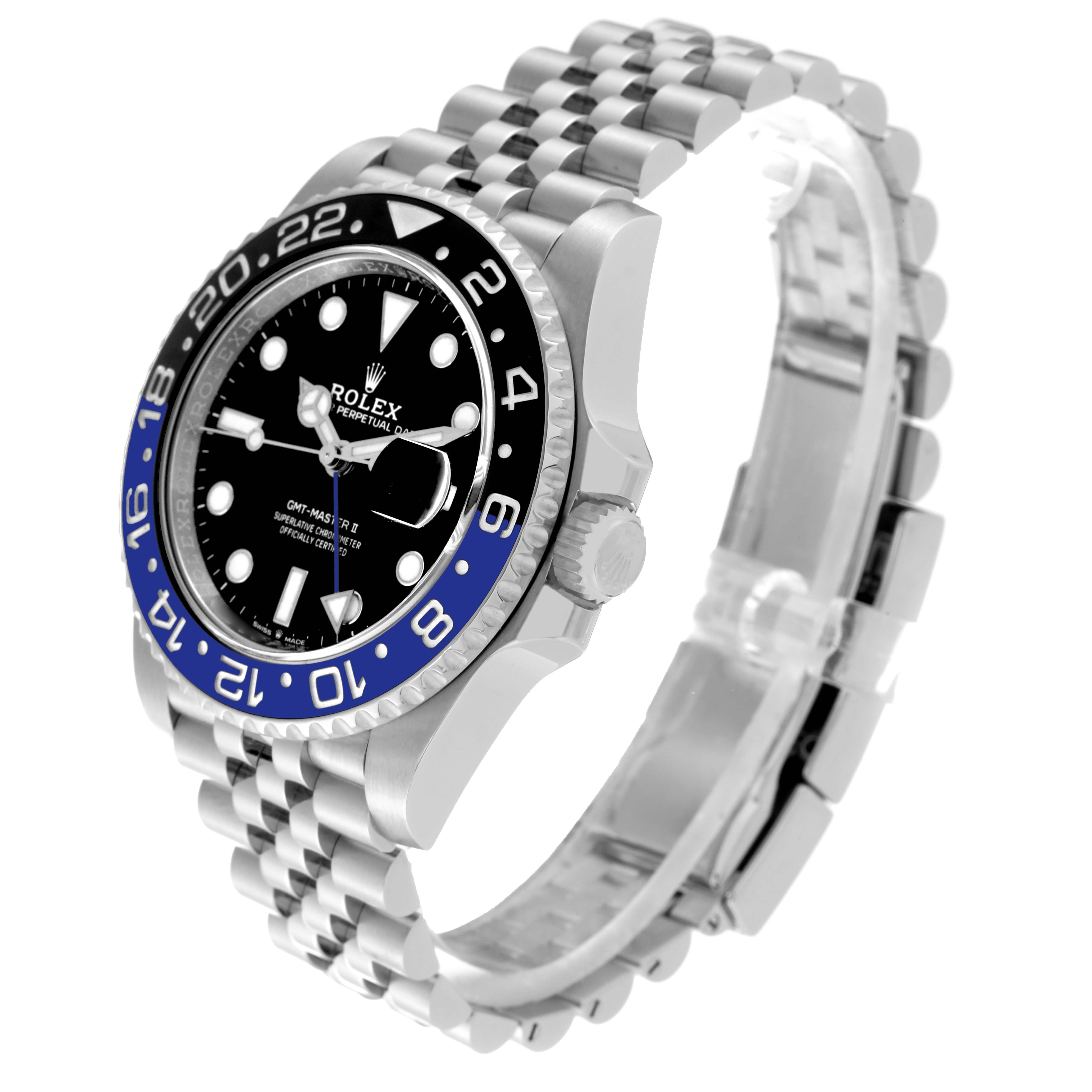 The Rolex GMT-Master 126710 Men's Stainless Steel Black Dial 126710 Men's Stainless Steel Black Dial watch is shown at a three-quarter angle, displaying its bezel, crown, face, and bracelet.