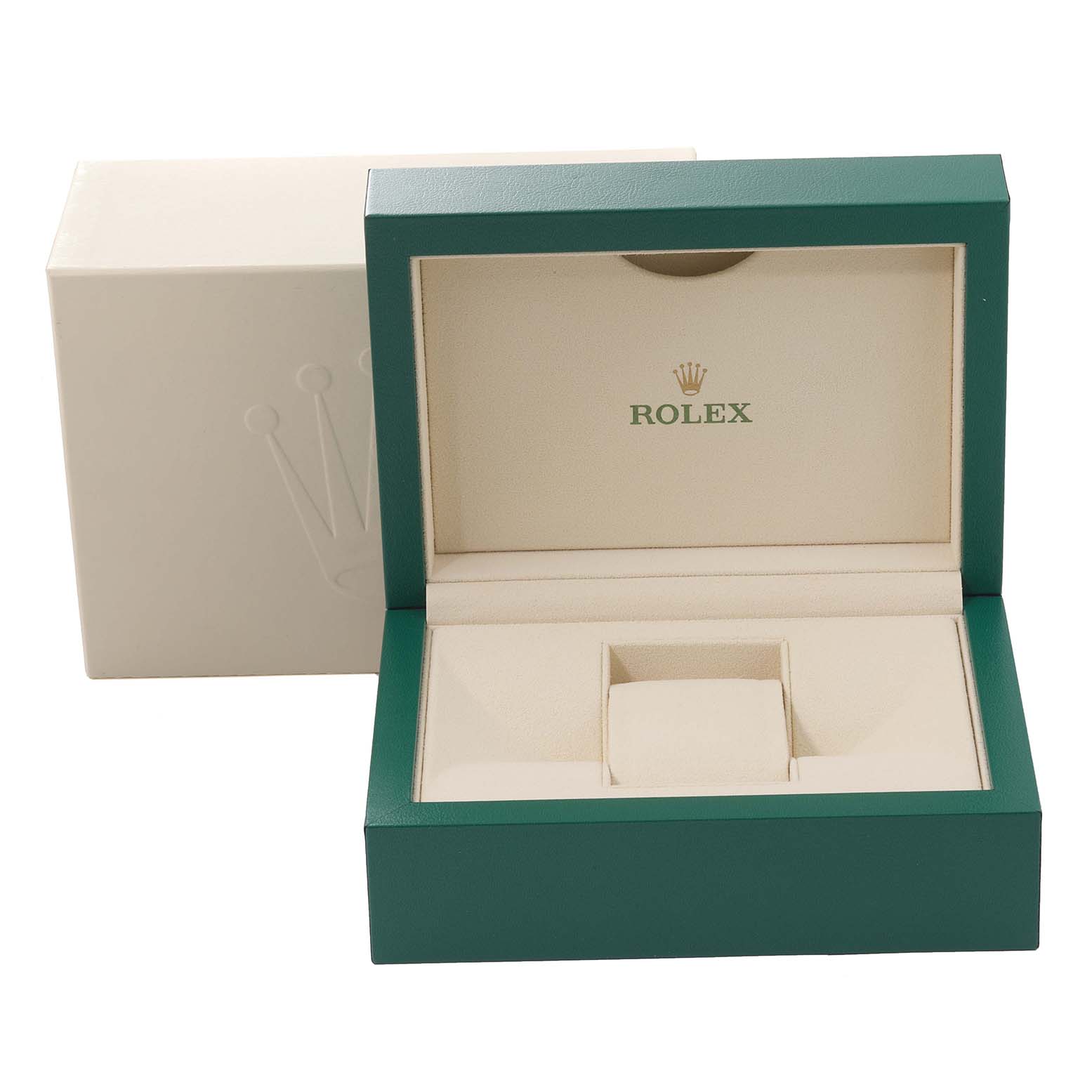 The image shows the Rolex GMT-Master 126710 Men's Stainless Steel Black Dial 126710 Men's Stainless Steel Black Dial watch box and packaging from a front angle, with an open green and beige interior.