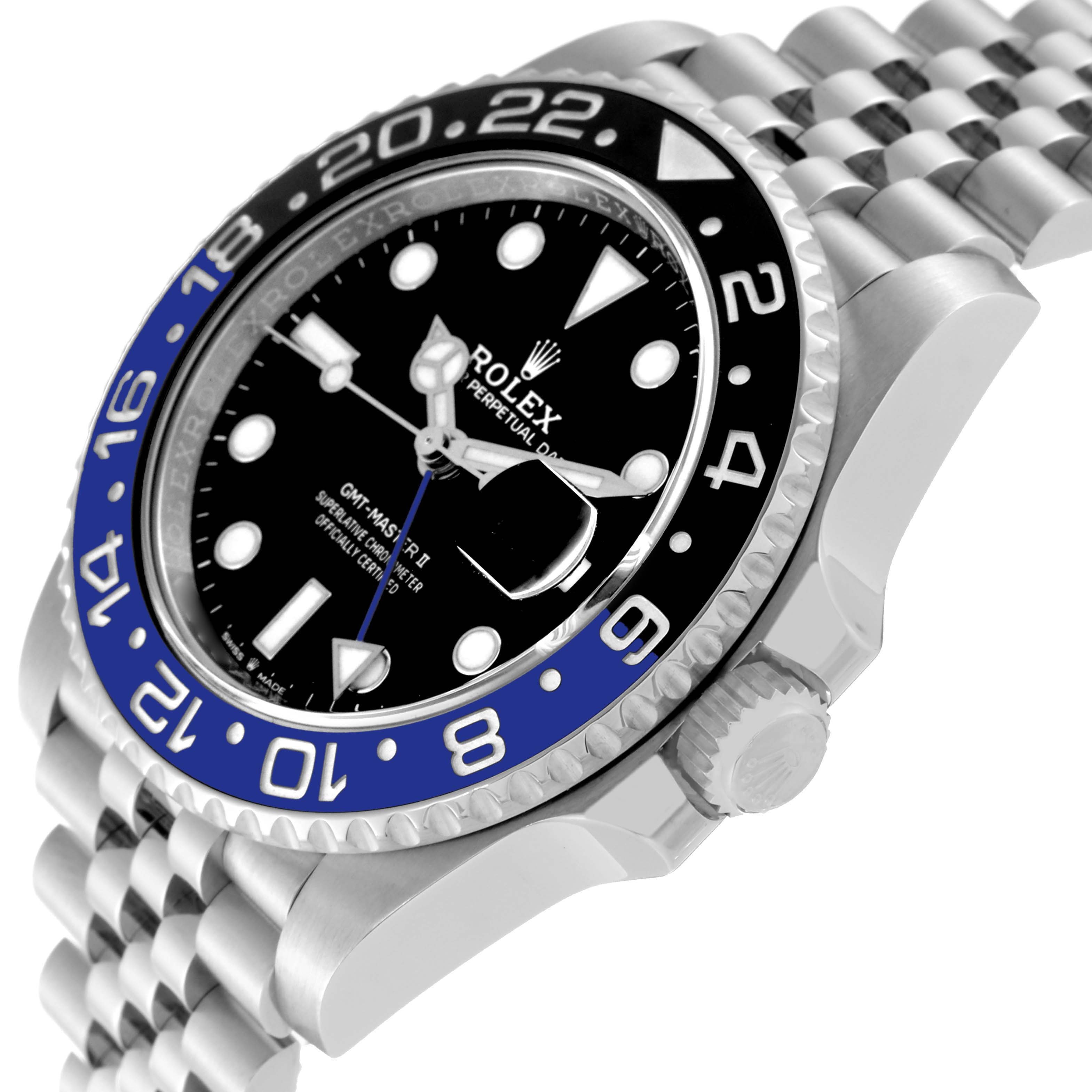 The image features a side-angle view of the Rolex GMT-Master 126710 Men's Stainless Steel Black Dial 126710 Men's Stainless Steel Black Dial II watch, showcasing its crown, bezel, and part of the bracelet.