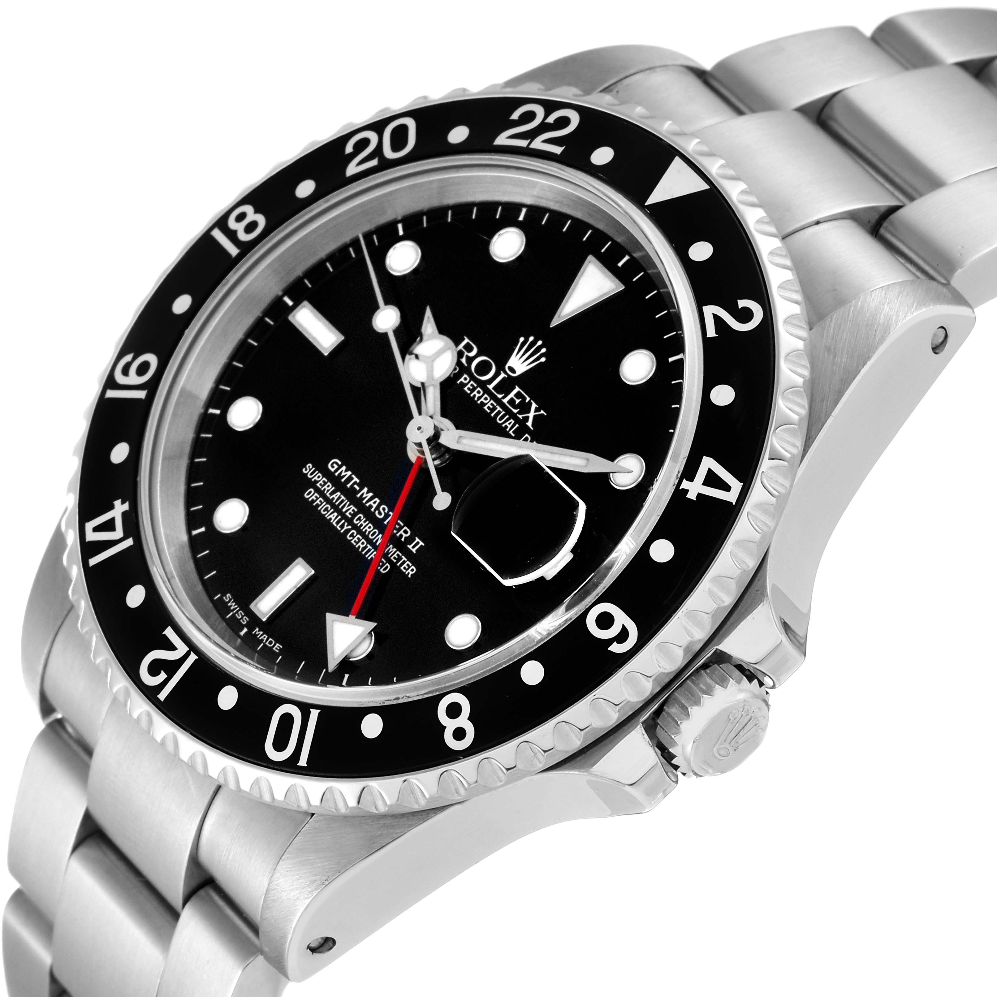 The image shows a close-up of the face and part of the bracelet of a Rolex GMT-Master 16710 Men's Stainless Steel Black Dial 16710 Men's Stainless Steel Black Dial II watch, angled slightly from the side.