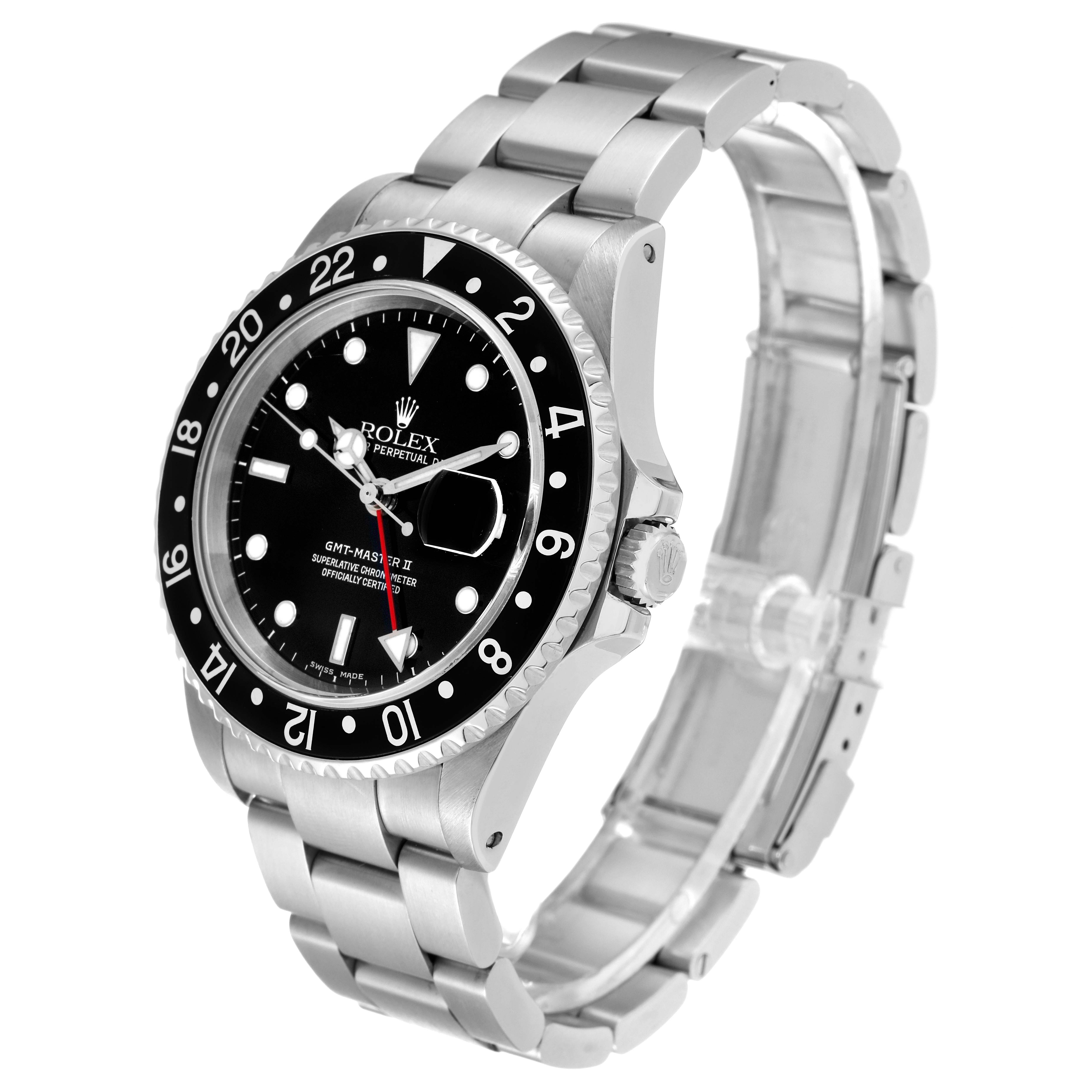 The Rolex GMT-Master 16710 Men's Stainless Steel Black Dial 16710 Men's Stainless Steel Black Dial II watch is shown from an angled side view, highlighting the face, bezel, crown, and bracelet.