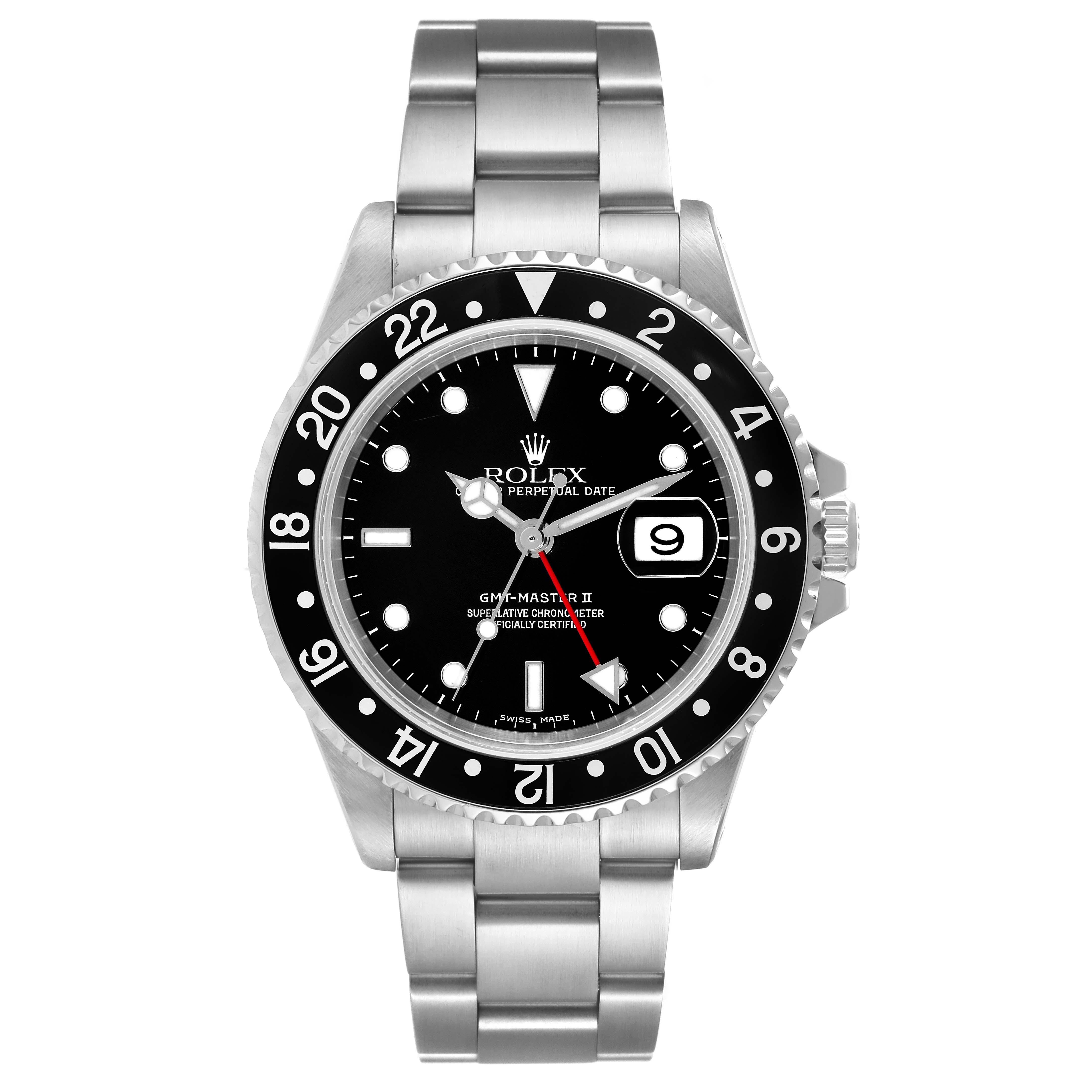 The image shows a front view of a Rolex GMT-Master 16710 Men's Stainless Steel Black Dial 16710 Men's Stainless Steel Black Dial II watch, displaying its bezel, dial, hands, date window, and bracelet.