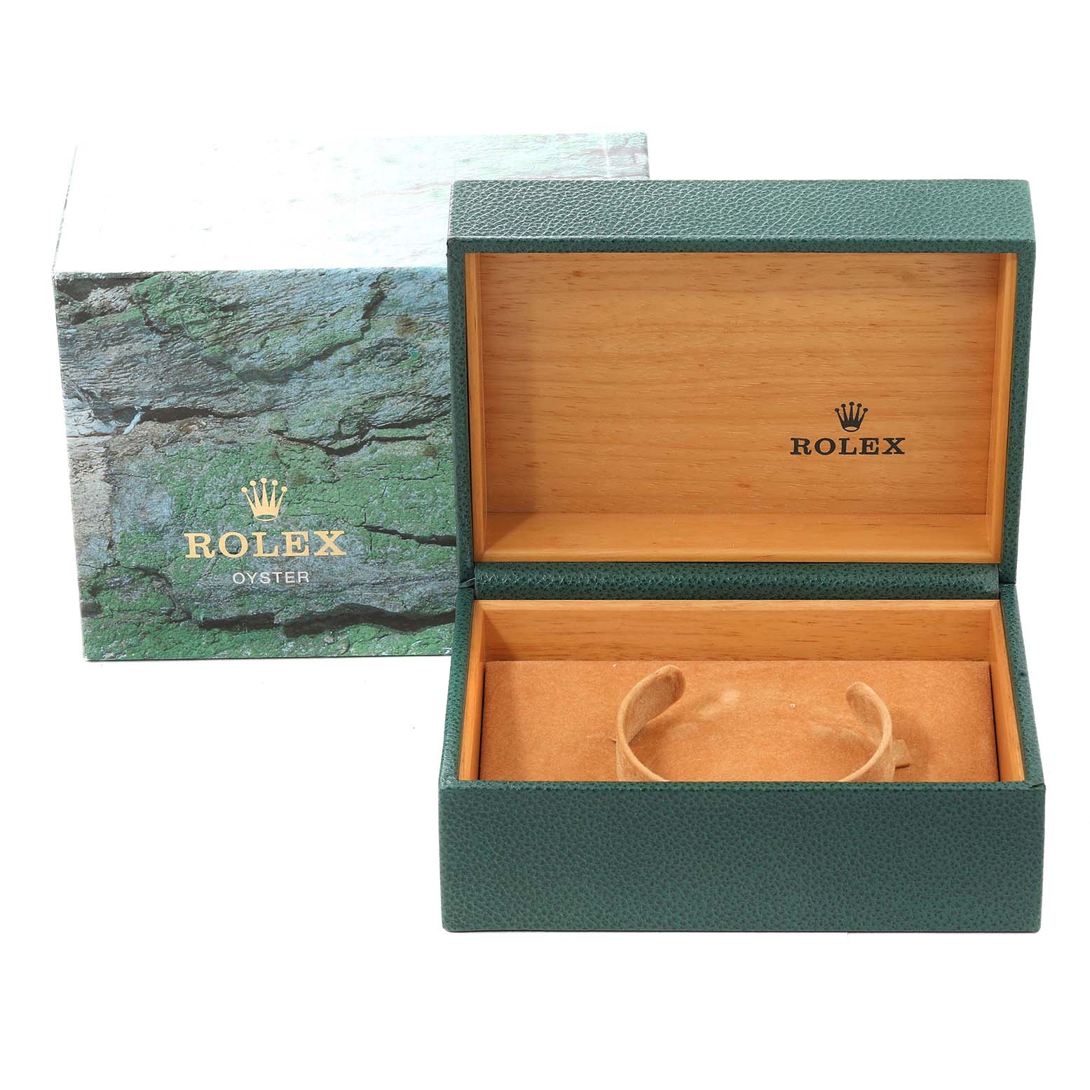 The image shows an open Rolex GMT-Master 16710 Men's Stainless Steel Black Dial 16710 Men's Stainless Steel Black Dial watch box with the exterior packaging visible behind it.