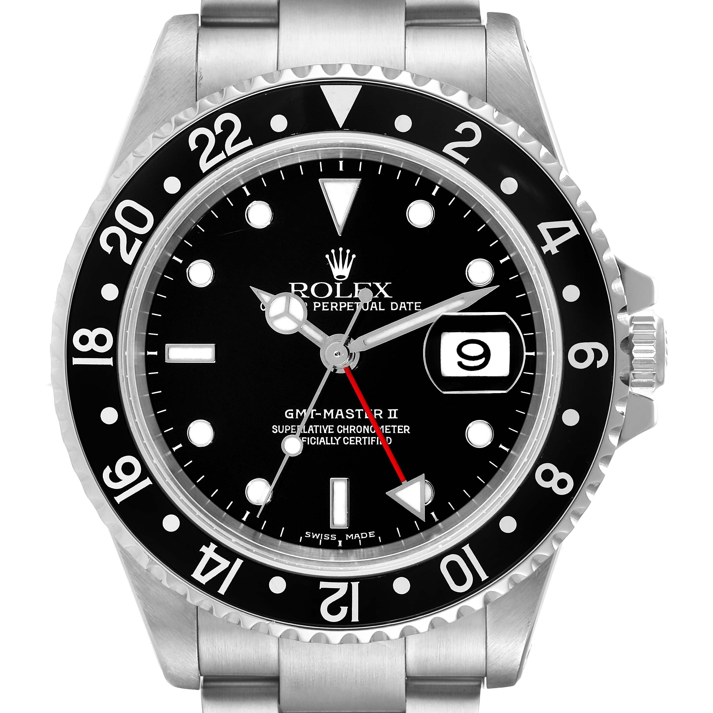 The Rolex GMT-Master 16710 Men's Stainless Steel Black Dial 16710 Men's Stainless Steel Black Dial watch is shown from the front, highlighting its bezel, dial, hands, bracelet, and date window.
