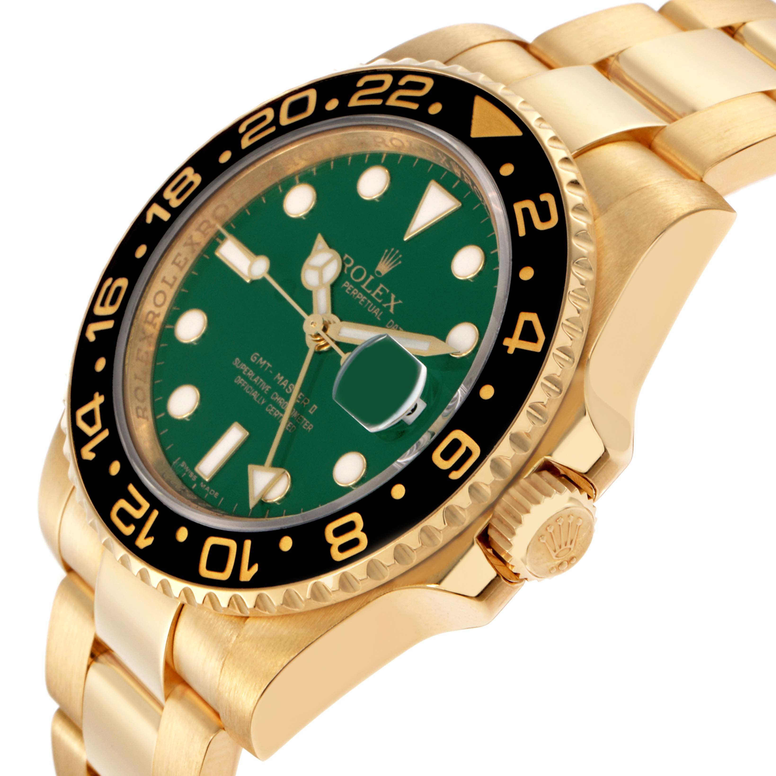 The Rolex GMT-Master 116718 Men
s Yellow Gold Green Dial is shown at an angle highlighting the green dial, gold case, bezel, and part of the bracelet.