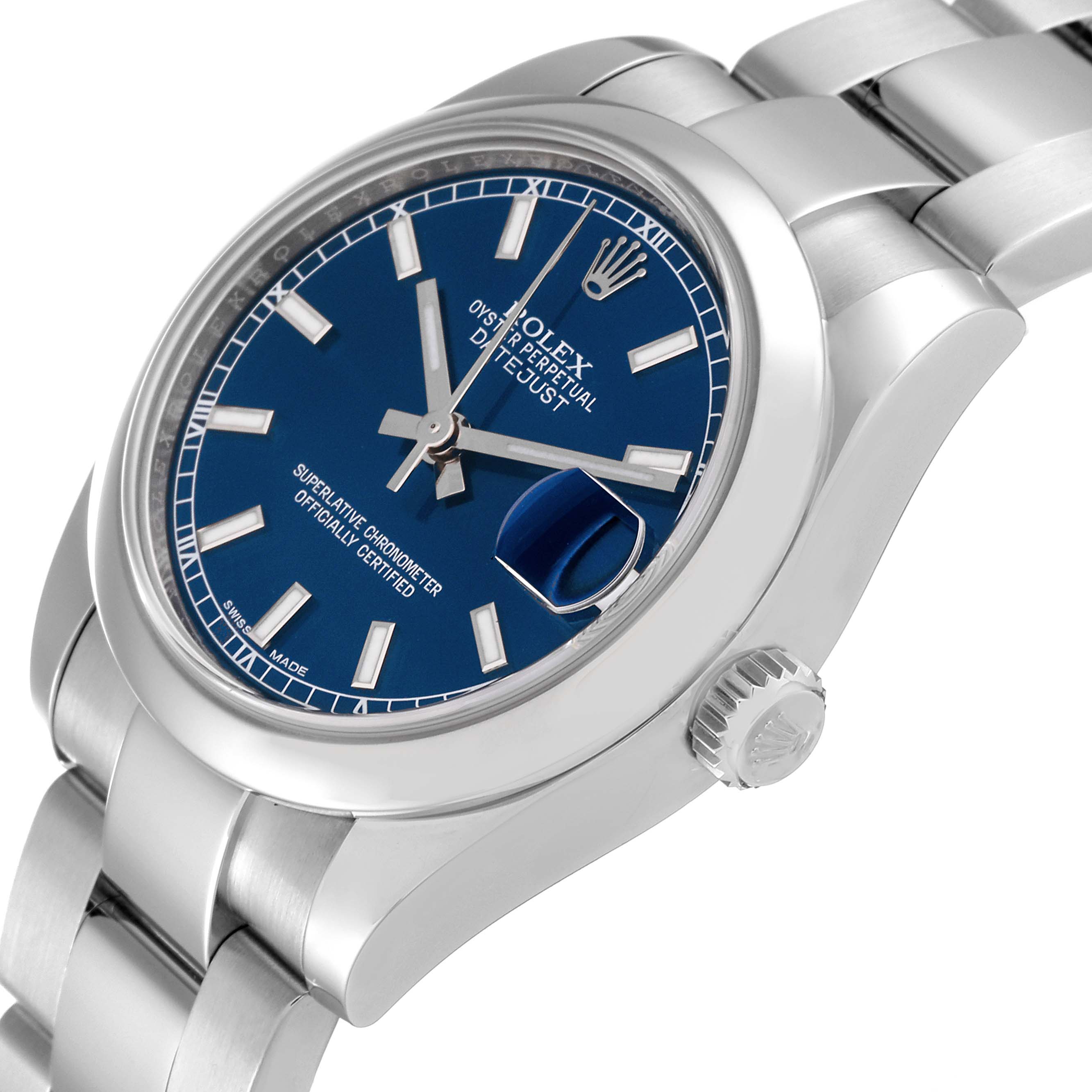 The image shows a side angle of the Rolex Datejust Mid-Size watch, highlighting its blue dial, crown, and bracelet.