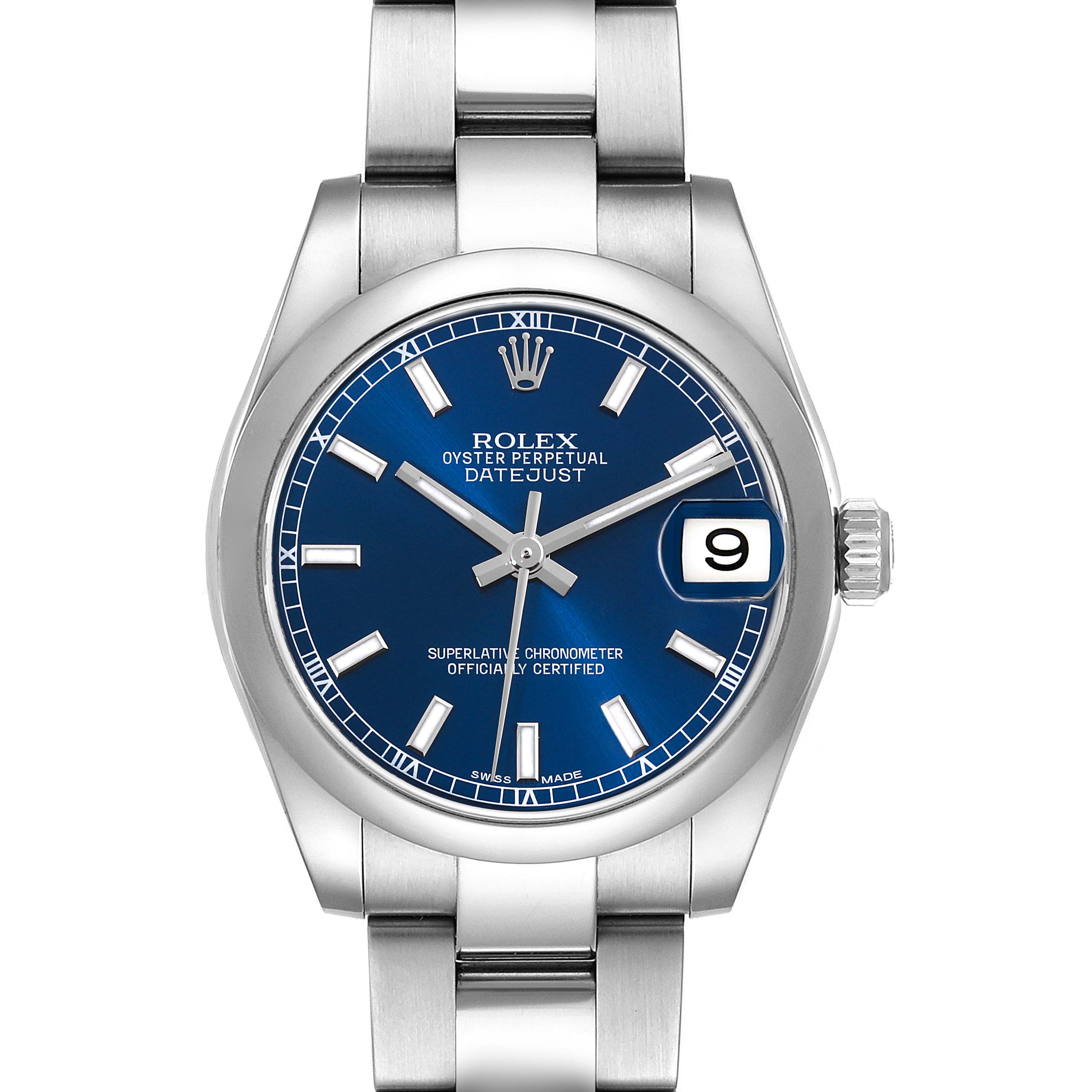 This is a front-facing view of a Rolex Datejust Mid-Size watch, showing the blue dial, date window, and metal bracelet.