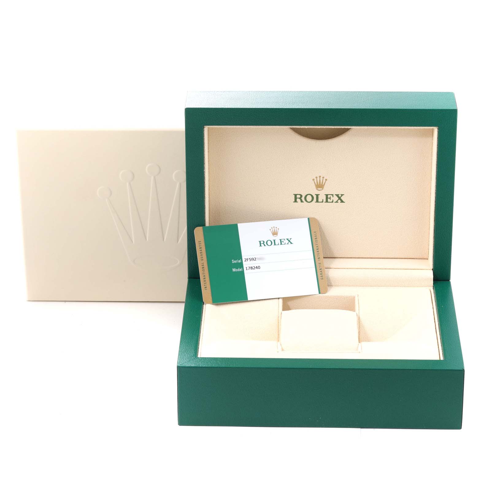 The image shows the opened packaging and authenticity card for the Rolex Mid-Size 178240 Women's Stainless Steel Blue Dial 178240 Women's Stainless Steel Blue Dial model 178240 watch.