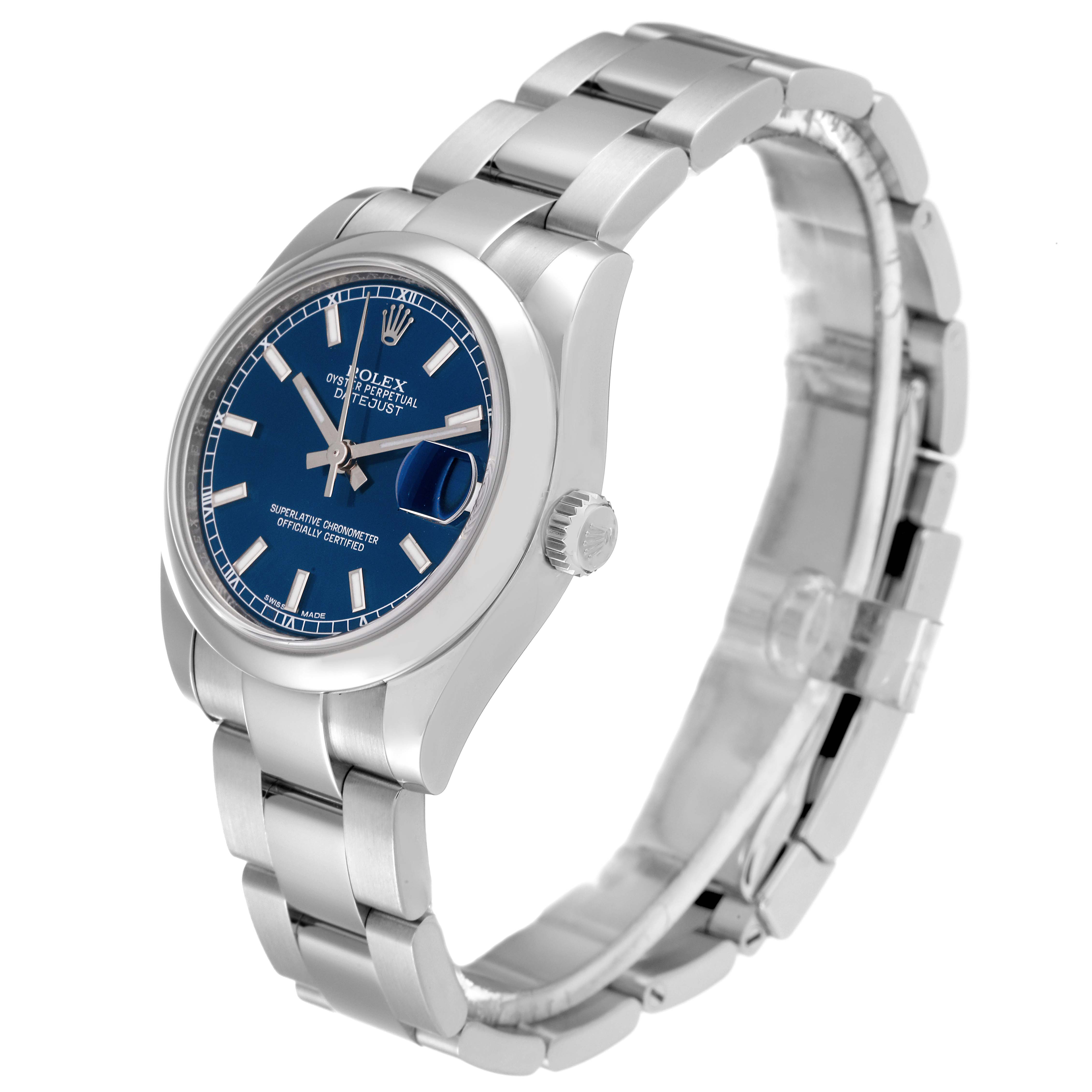 The Rolex Mid-Size 178240 Women's Stainless Steel Blue Dial 178240 Women's Stainless Steel Blue Dial watch is shown at an angle displaying the face, case, bracelet, and part of the clasp.