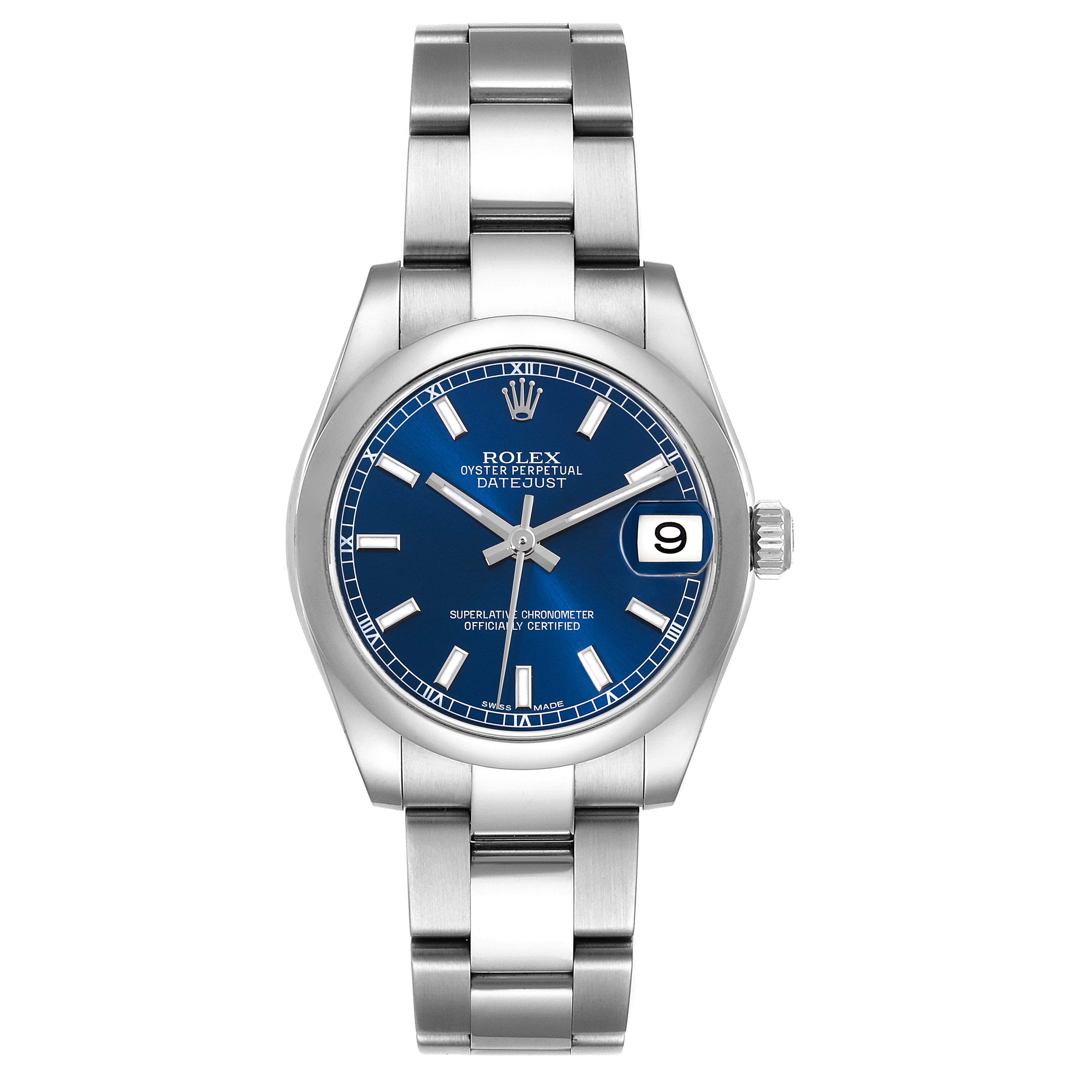The Rolex Mid-Size 178240 Women's Stainless Steel Blue Dial 178240 Women's Stainless Steel Blue Dial Datejust watch is shown from a straight-on angle, displaying the blue dial, date window, and stainless steel bracelet.