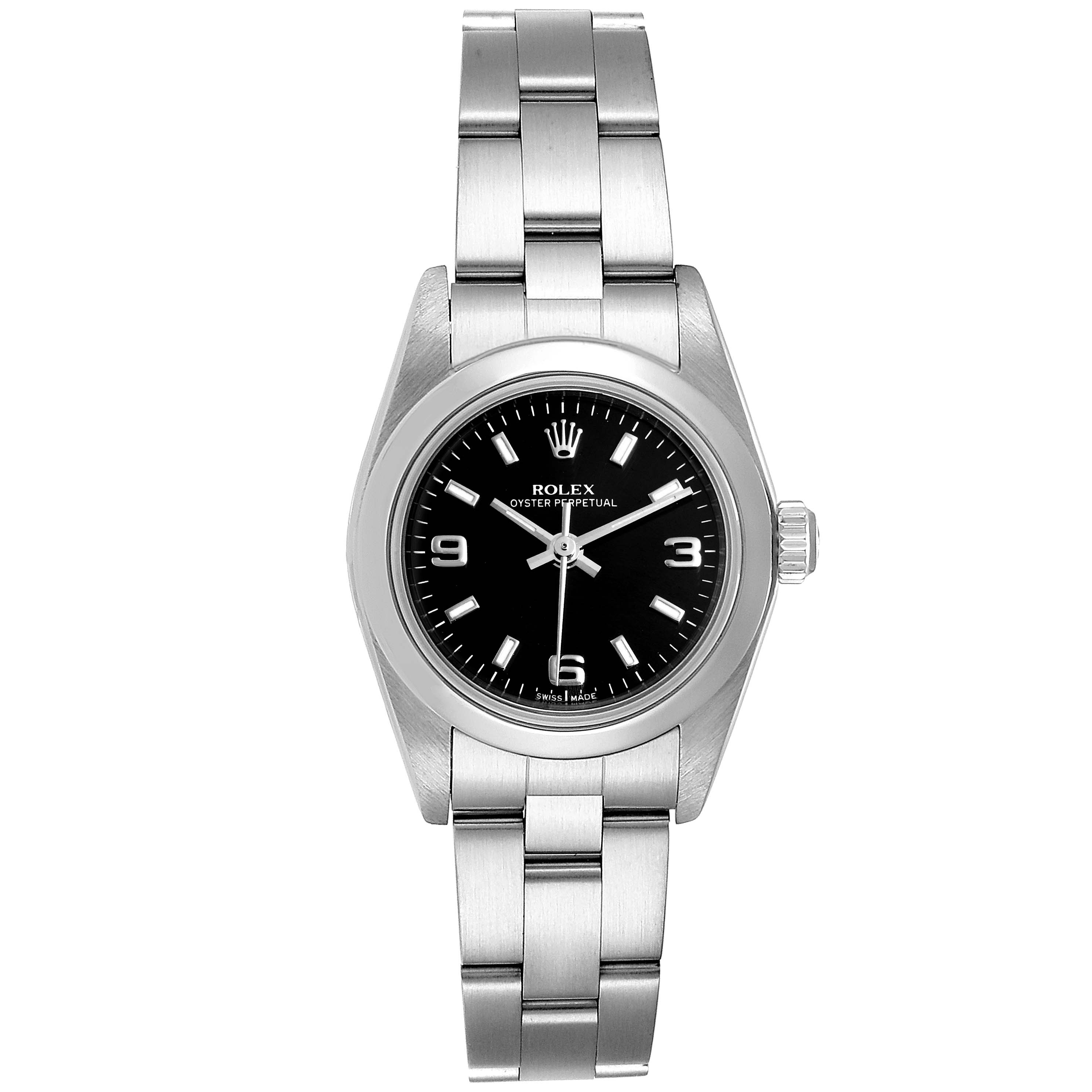 This image shows a full frontal view of the Rolex Oyster Perpetual 76080 Women's Stainless Steel Black Dial 76080 Women's Stainless Steel Black Dial watch, displaying the dial and bracelet.