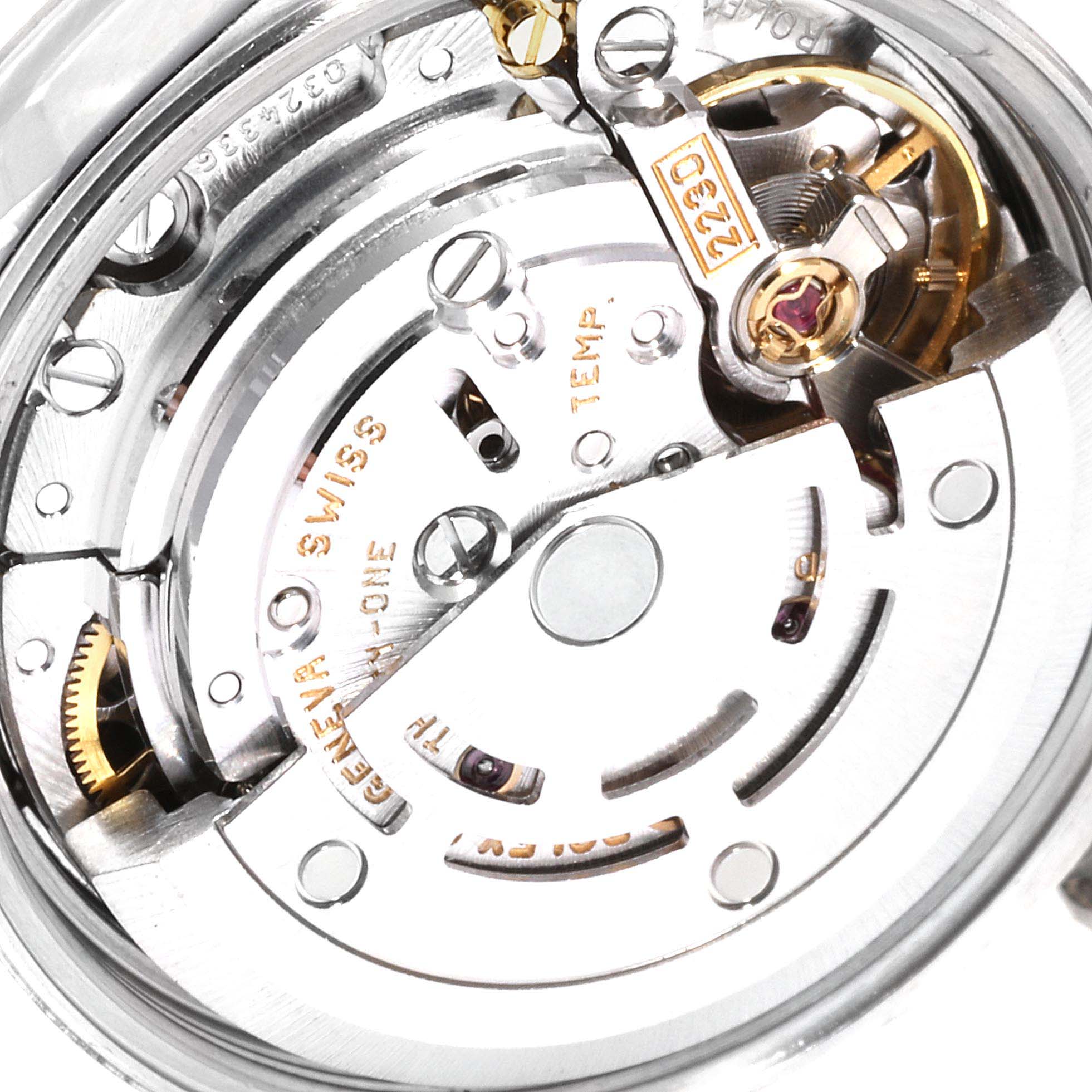 The image shows a close-up view of the inner mechanical movement of a Rolex Oyster Perpetual 76080 Women's Stainless Steel Black Dial 76080 Women's Stainless Steel Black Dial watch.