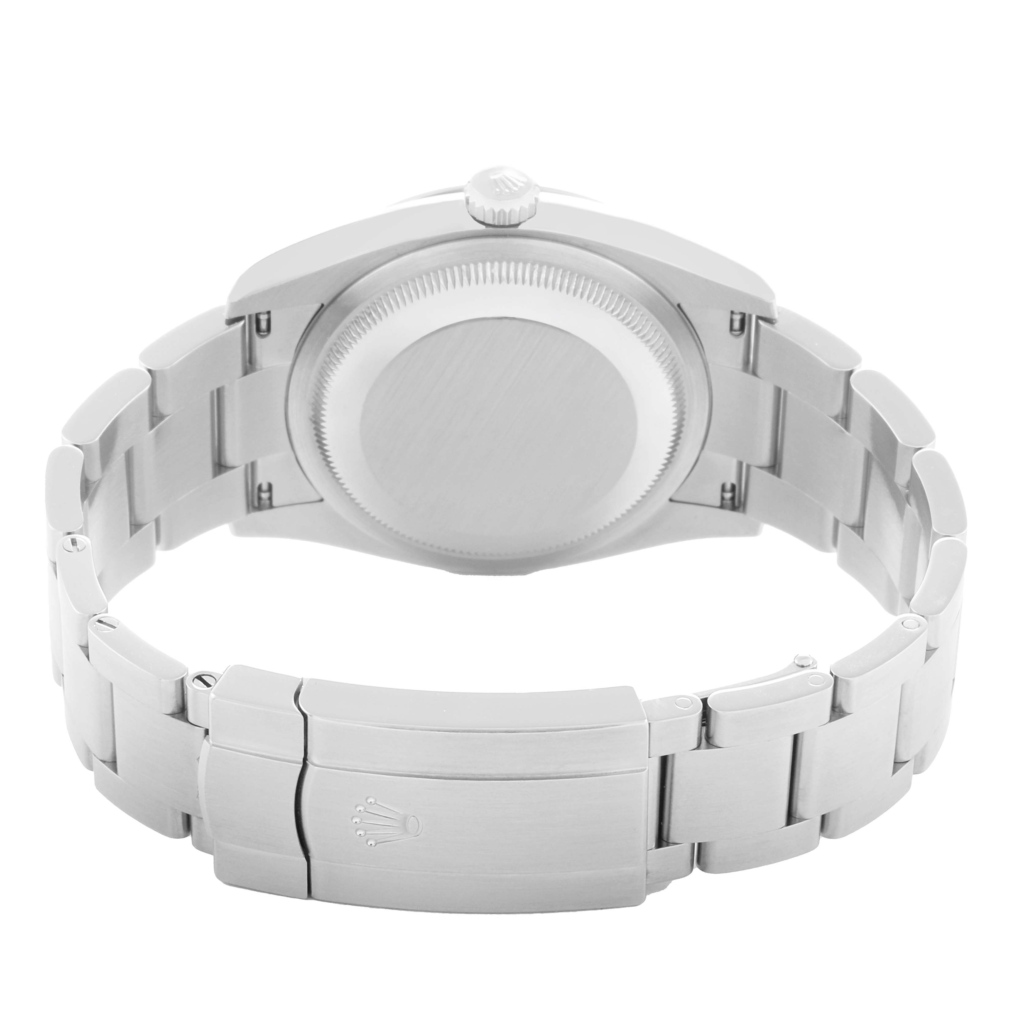 The image shows the back view of a Rolex Oyster Perpetual 126000 Men
s Stainless Steel Pink Dial watch, highlighting the case back and metal bracelet with clasp.