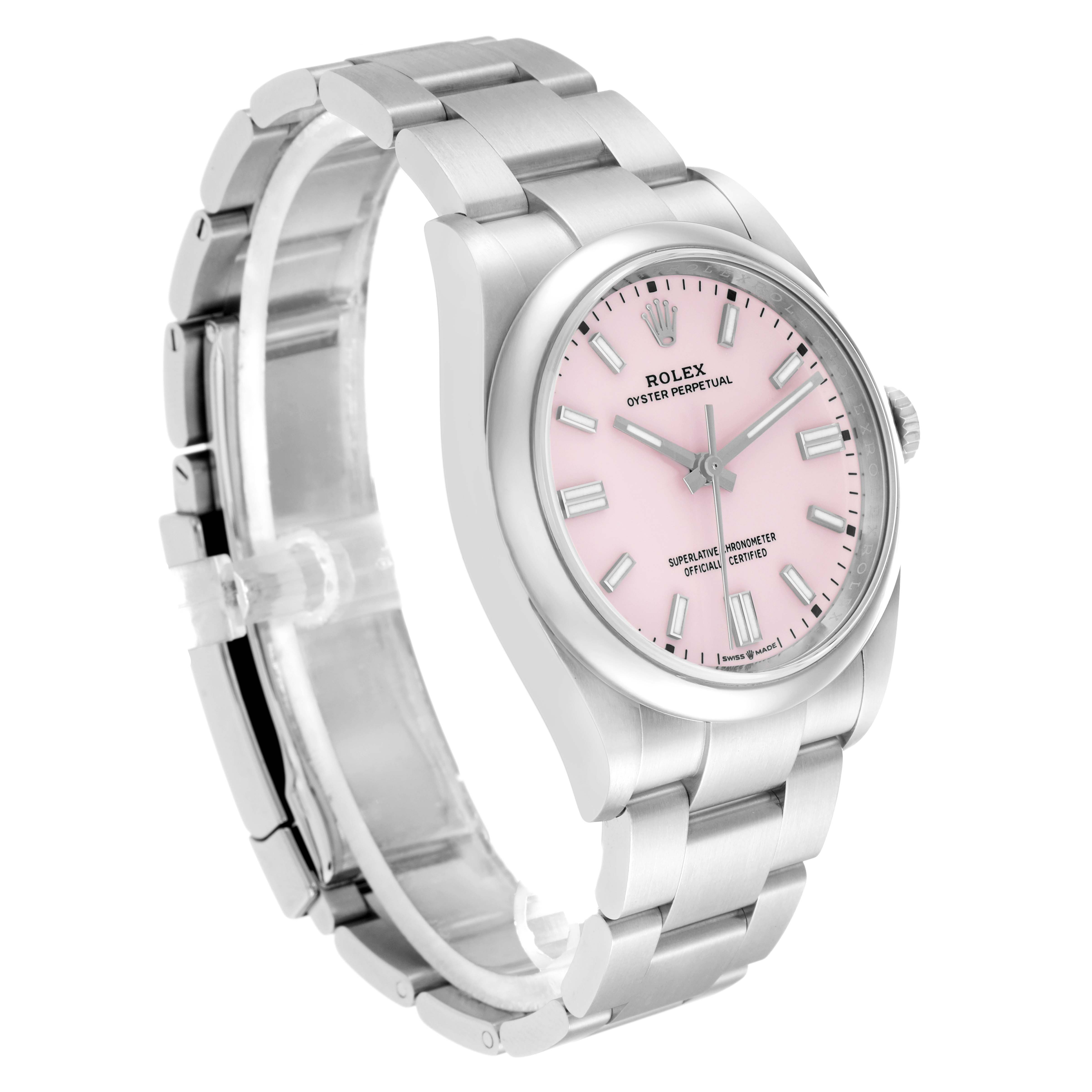 The Rolex Oyster Perpetual 126000 Men
s Stainless Steel Pink Dial watch is shown at a three-quarter angle, displaying the pink dial, bezel, and bracelet.
