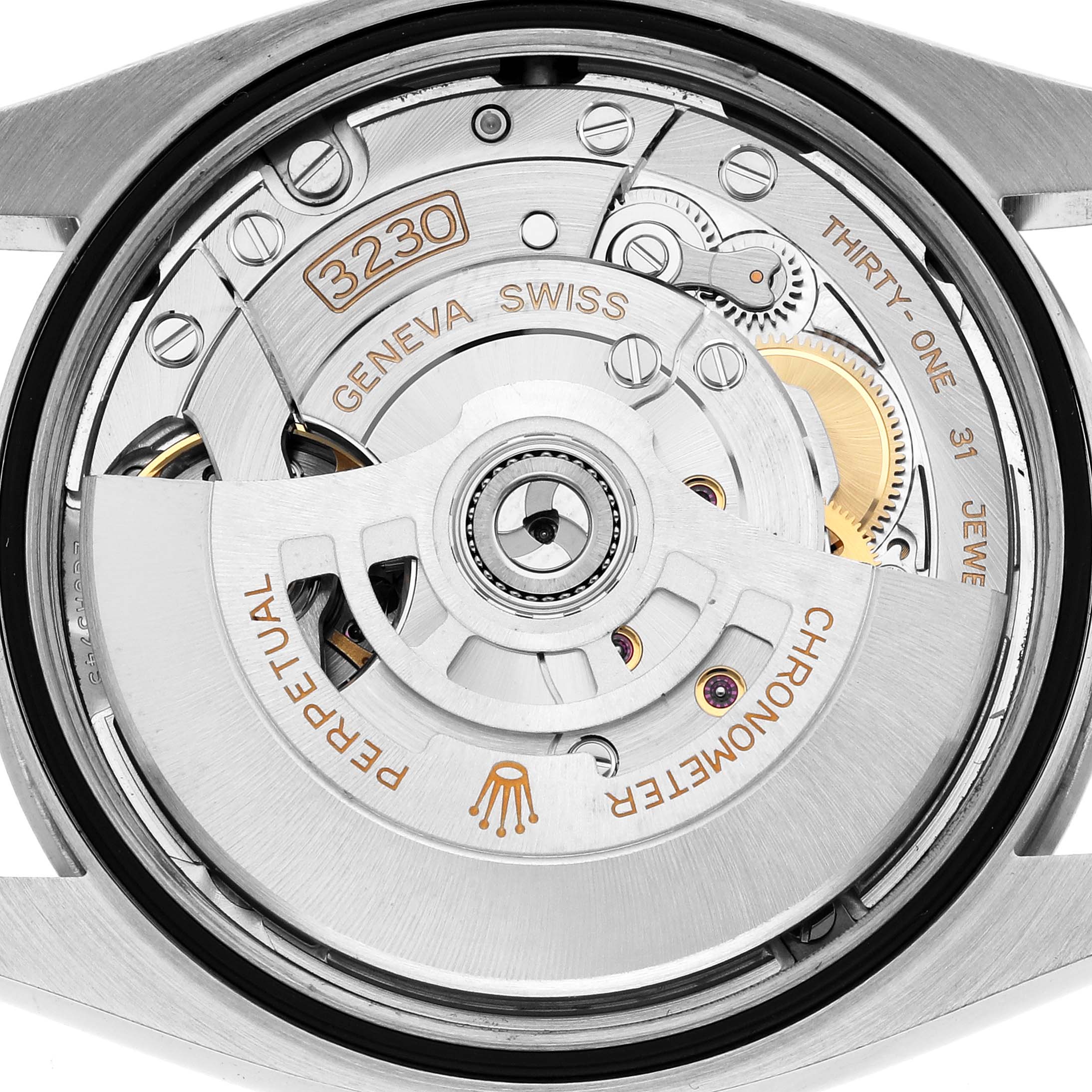 The image shows the movement of a Rolex Oyster Perpetual 126000 Men
s Stainless Steel Pink Dial watch from a back view, highlighting internal components like gears and jewels.