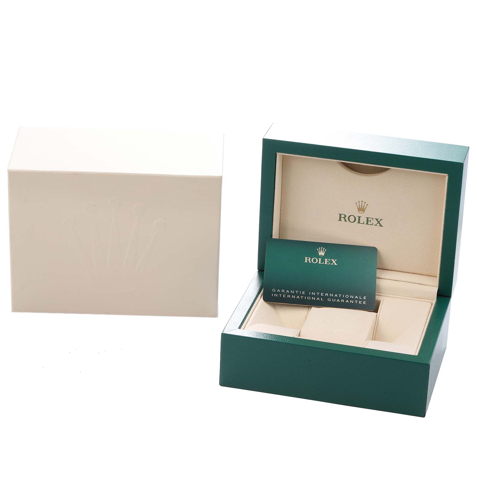 The image shows a Rolex Oyster Perpetual 126000 Men
s Stainless Steel Pink Dial watch box and guarantee card, with the box open and the card partially inserted.