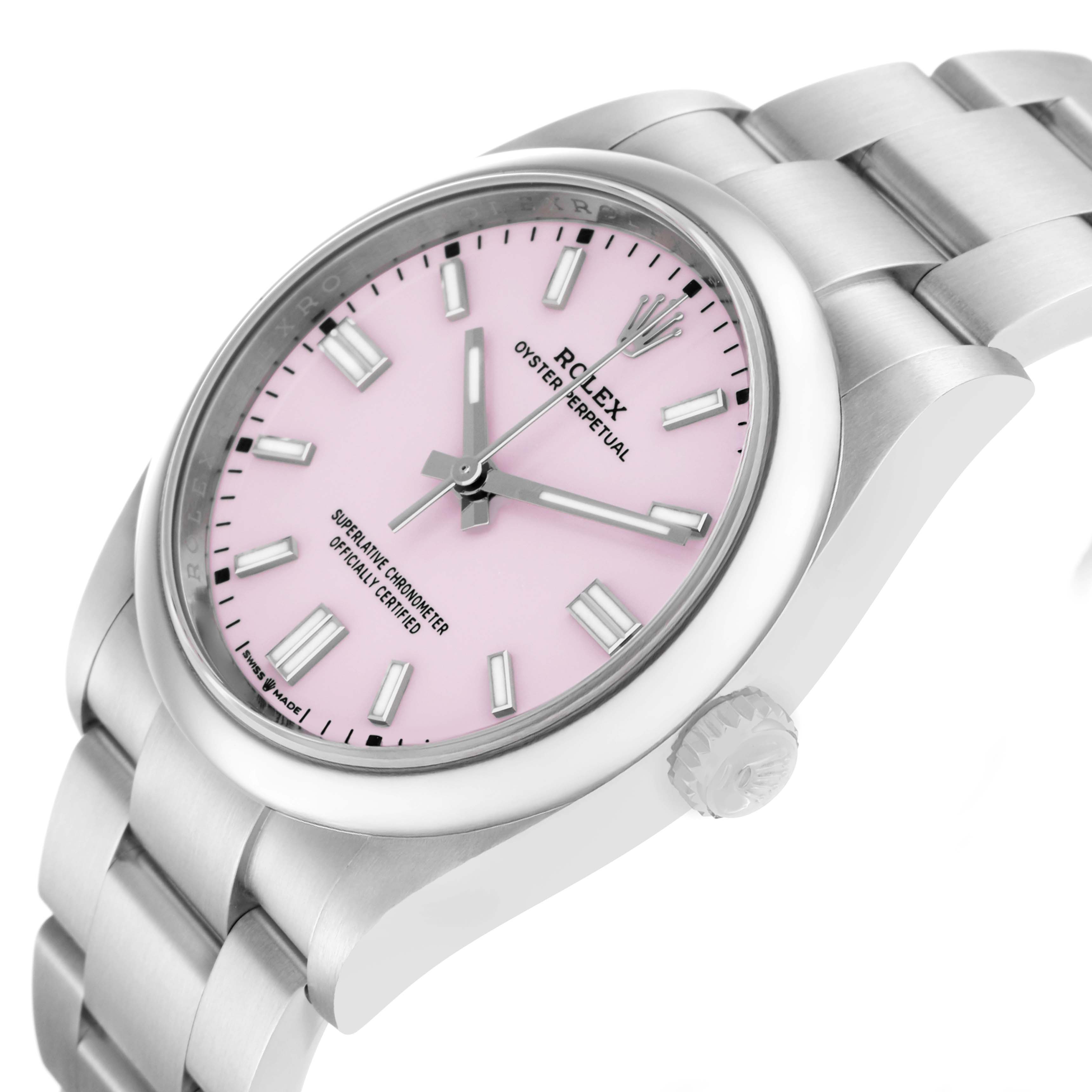 The Rolex Oyster Perpetual 126000 Men
s Stainless Steel Pink Dial watch is shown at an angled side view, highlighting the pink dial, bezel, and bracelet links.