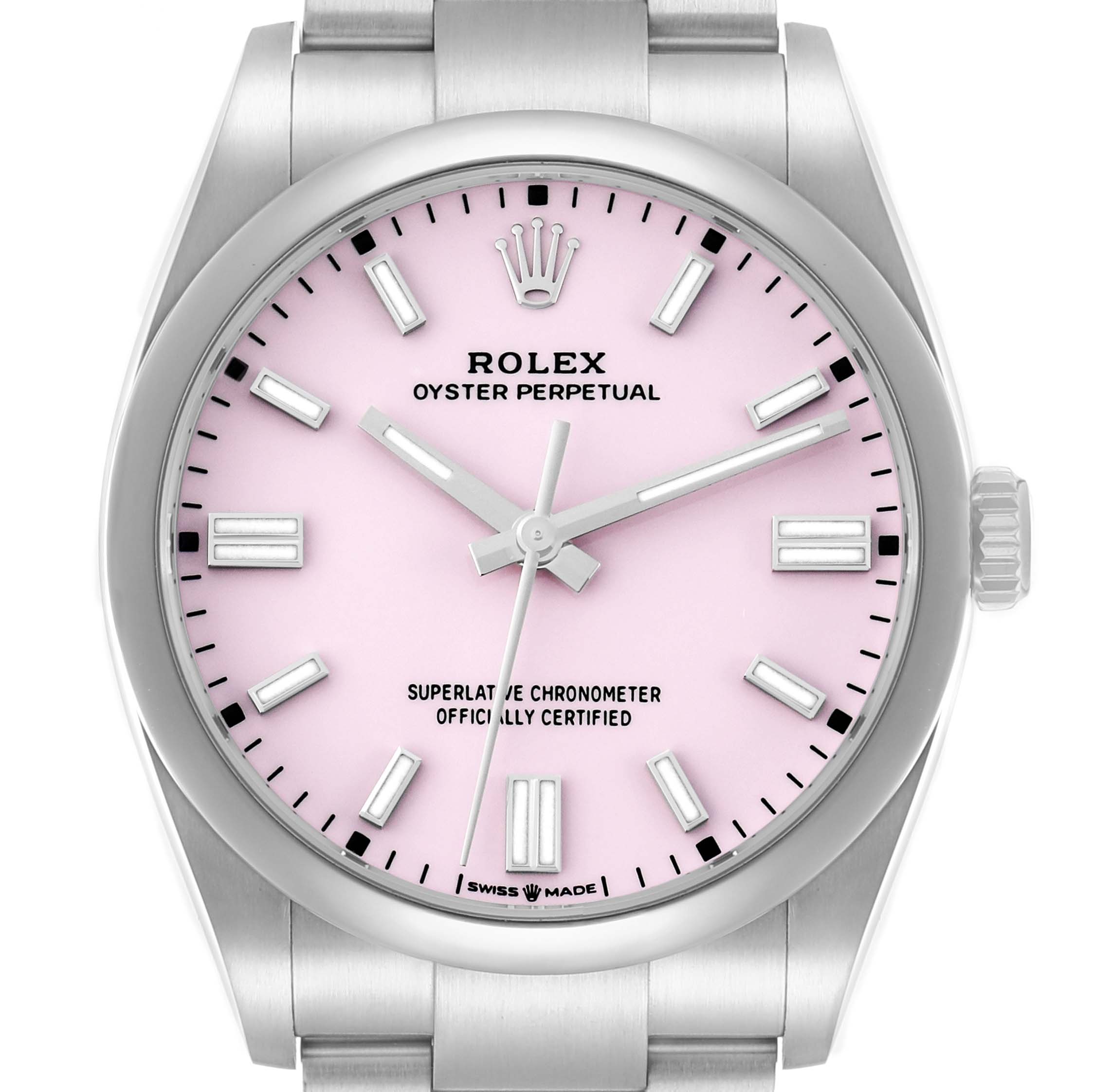 The Rolex Oyster Perpetual 126000 Men
s Stainless Steel Pink Dial watch is shown from the front, highlighting the pink dial, hands, markers, and crown.