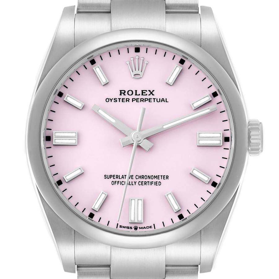 The image shows a front view of the Rolex Oyster Perpetual model 126000 men's watch, highlighting its pink dial, hour markers, and crown.