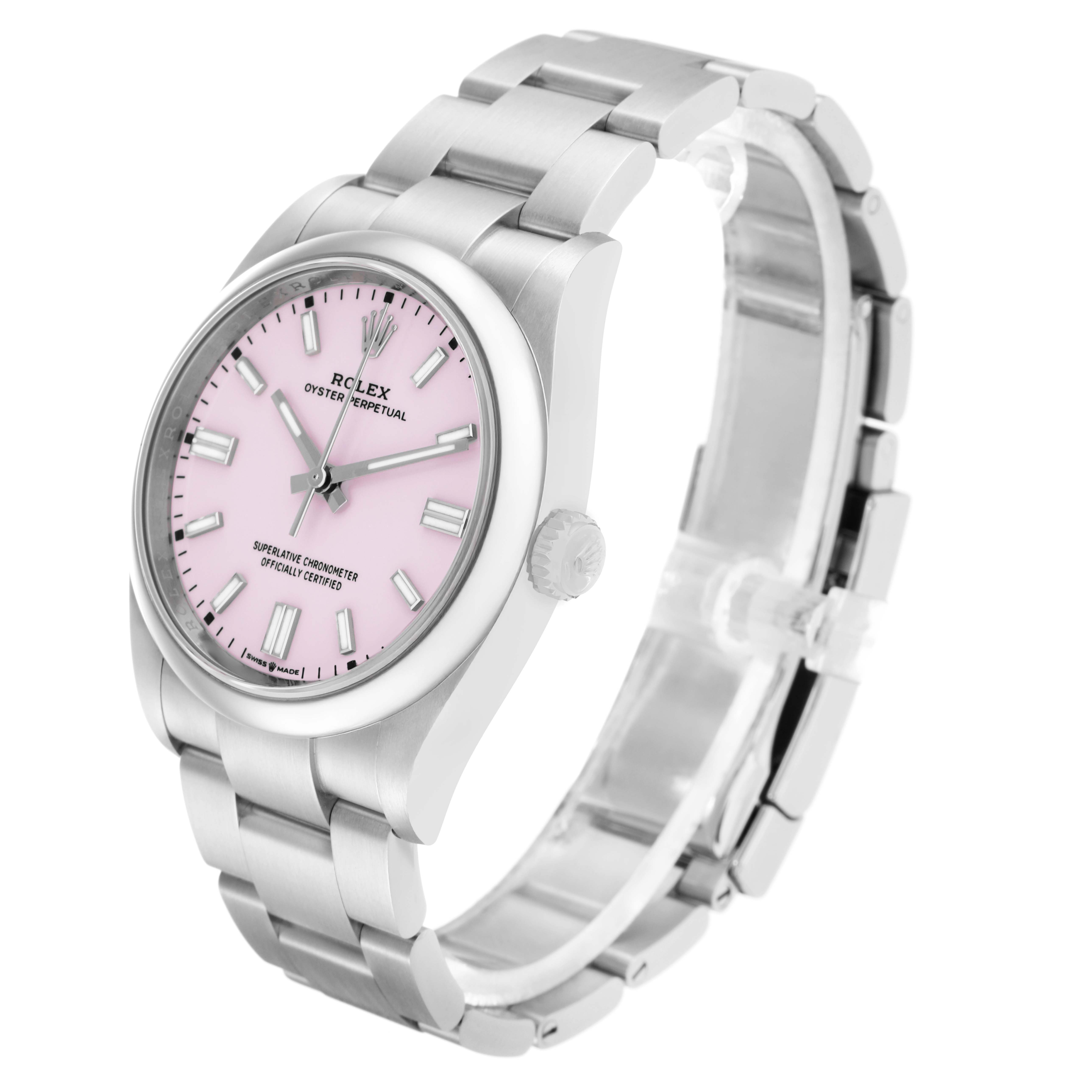 The Rolex Oyster Perpetual 126000 Men
s Stainless Steel Pink Dial watch is shown at a three-quarter angle, highlighting the pink dial, bezel, case, and bracelet.