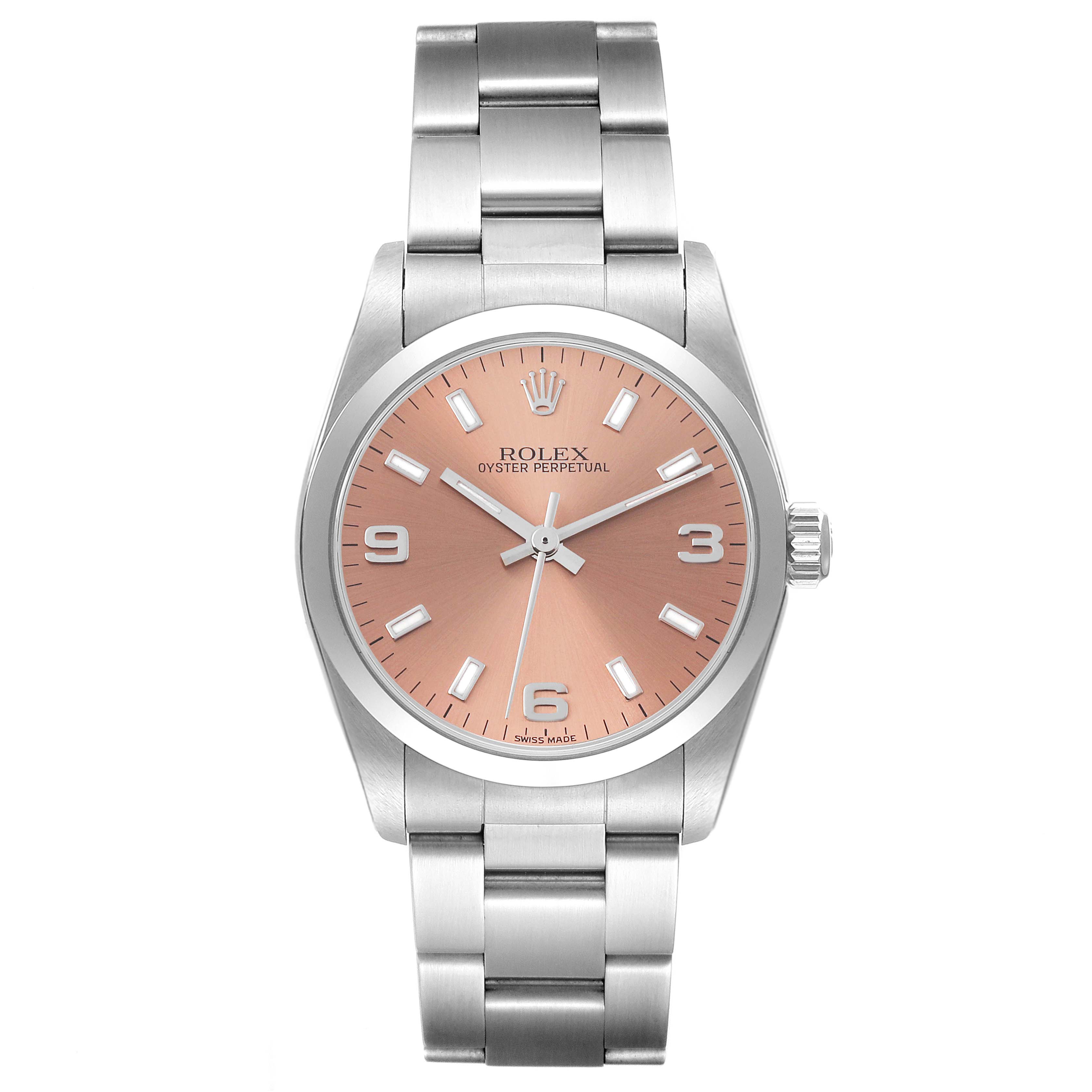 The image shows a front view of a Rolex Oyster Perpetual Mid-Size watch with a pink dial and stainless steel bracelet.