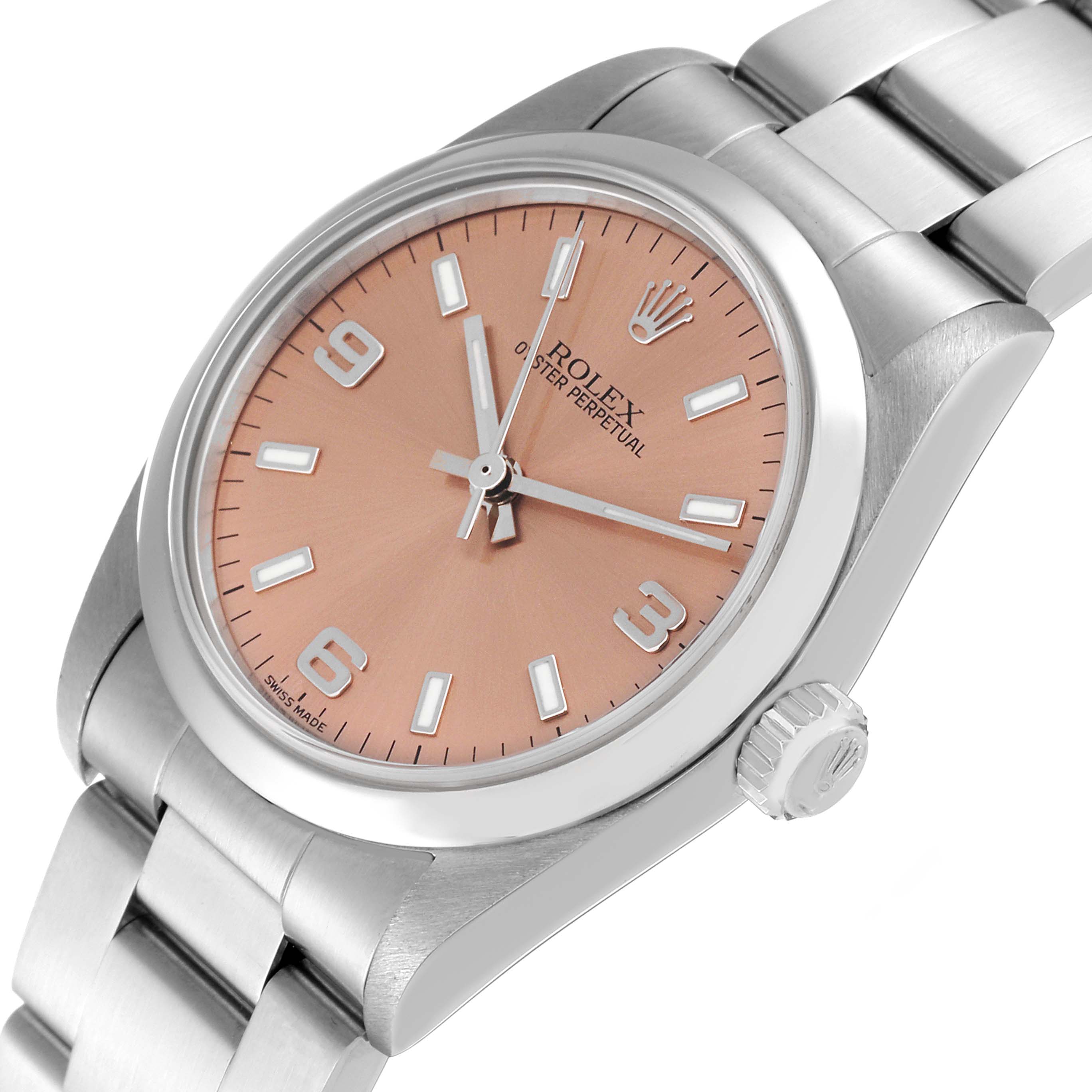 The Rolex Mid-Size 77080 Women's Stainless Steel Pink Dial 77080 Women's Stainless Steel Pink Dial Oyster Perpetual watch is shown from an angled perspective, featuring its dial, case, bracelet, and crown.