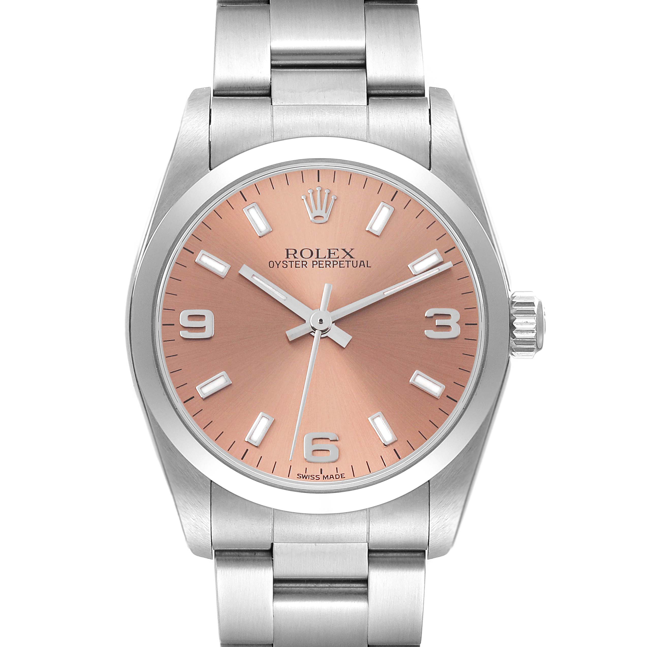 The image shows a front view of a Rolex Oyster Perpetual Mid-Size watch with a pinkish dial and silver bracelet.