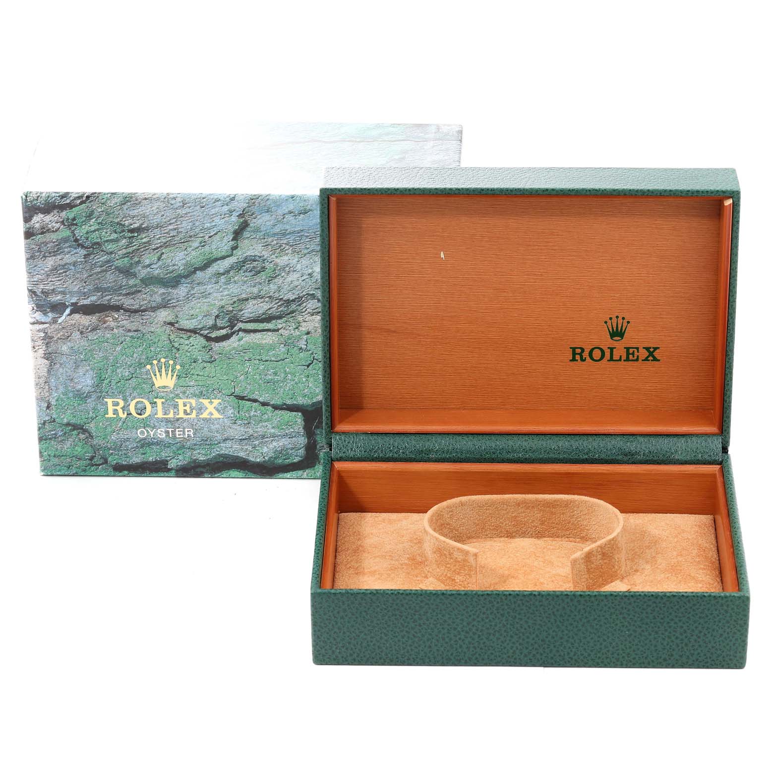 The image shows an open Rolex Oyster box, likely for a Mid-Size model, revealing the inside holder for a watch.