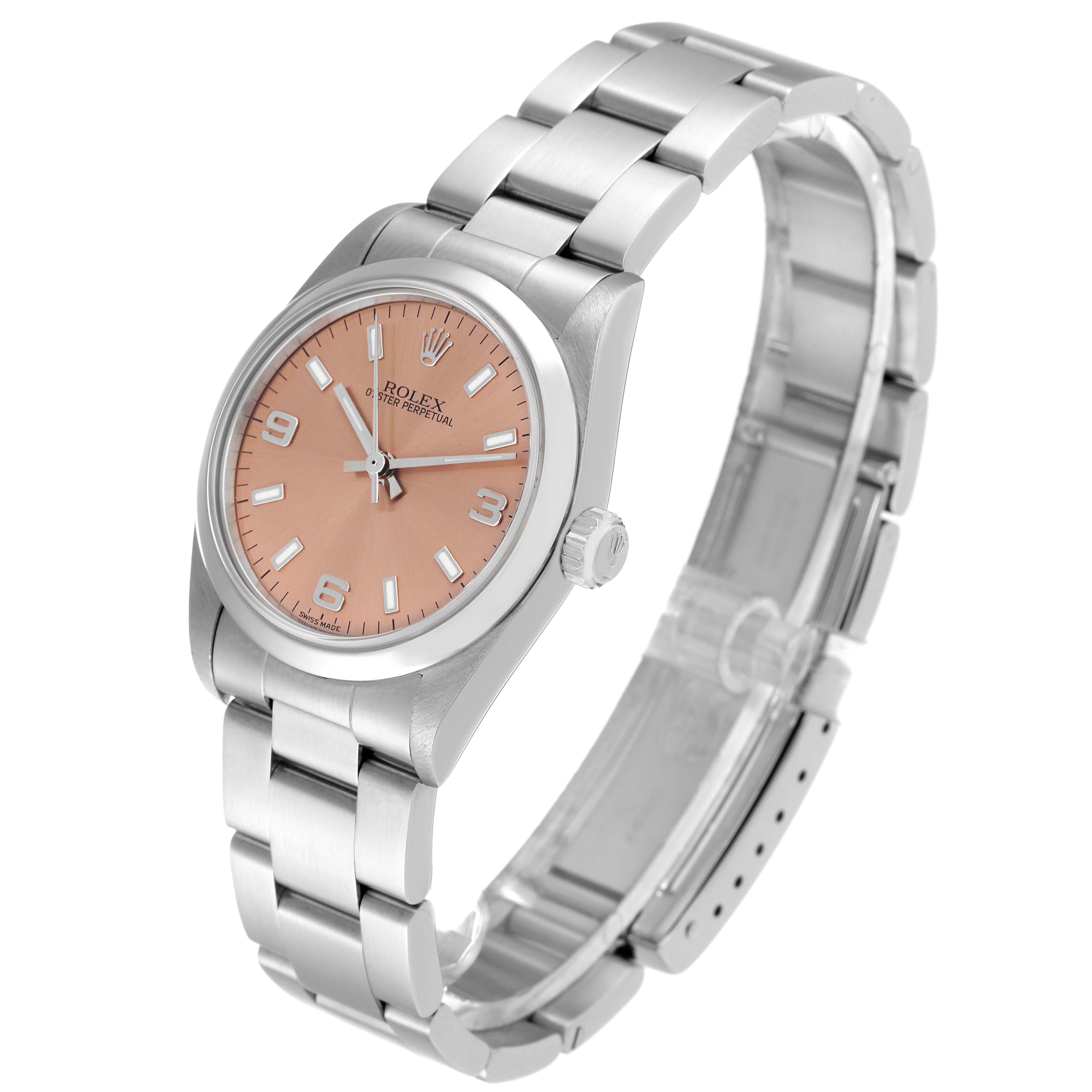 The image shows a Rolex Mid-Size 77080 Women's Stainless Steel Pink Dial 77080 Women's Stainless Steel Pink Dial watch angled slightly from the front, highlighting its face, bracelet, crown, and part of the clasp.