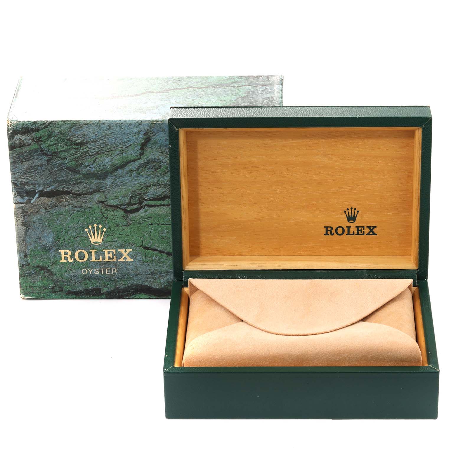 The image shows an open Rolex Oyster Perpetual 14233 Men's Steel and Gold (two tone) Silver Dial 14233 Men's Steel and Gold (two tone) Silver Dial watch box, displaying the interior with a cushion for the watch.