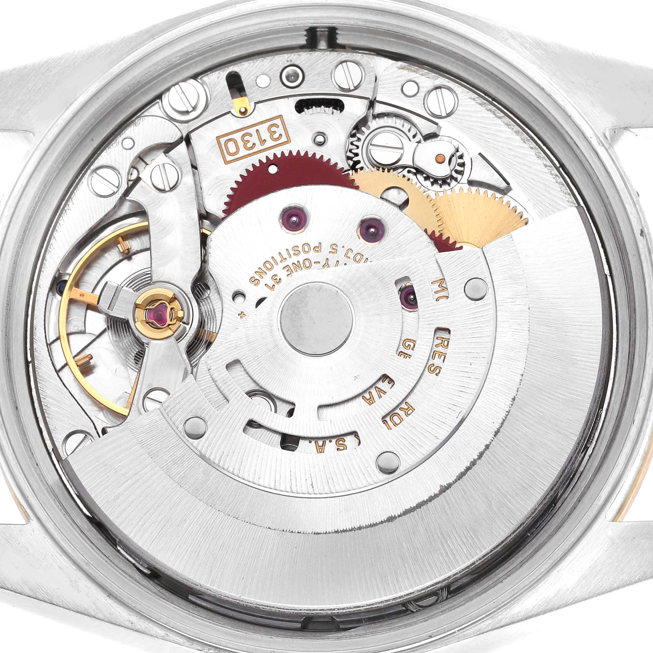 The image shows a close-up view of the movement and internal mechanics of a Rolex Oyster Perpetual 14233 Men's Steel and Gold (two tone) Silver Dial 14233 Men's Steel and Gold (two tone) Silver Dial watch.