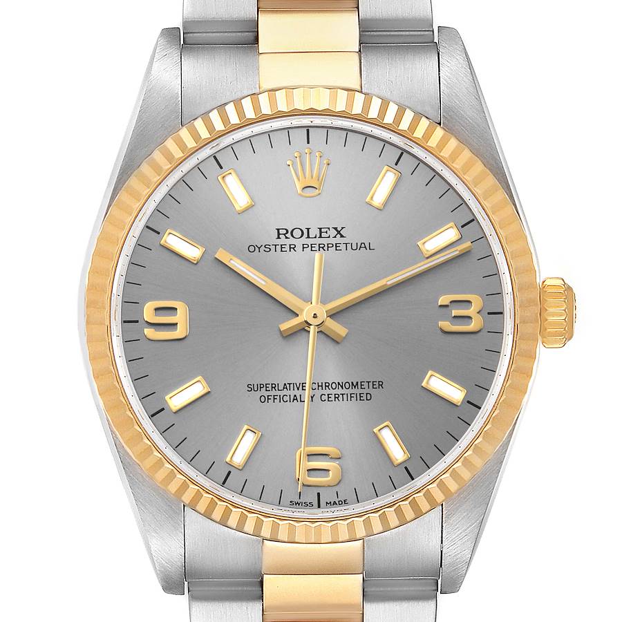 Rolex Oyster Perpetual Silver Dial Steel Yellow Gold Mens Watch 14233 SwissWatchExpo