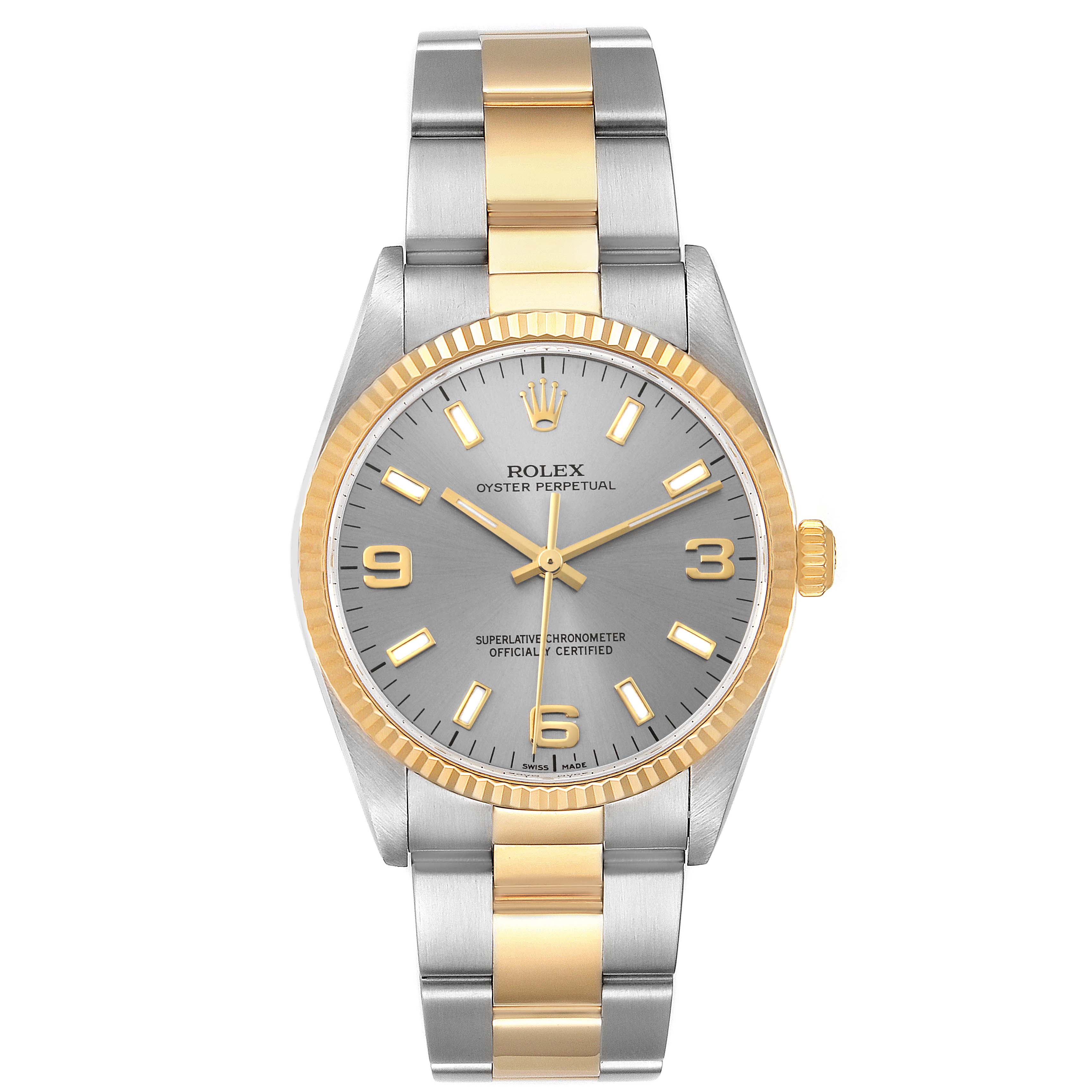 The image shows a front view of a Rolex Oyster Perpetual 14233 Men's Steel and Gold (two tone) Silver Dial 14233 Men's Steel and Gold (two tone) Silver Dial watch, displaying the dial, hands, bezel, and bracelet.