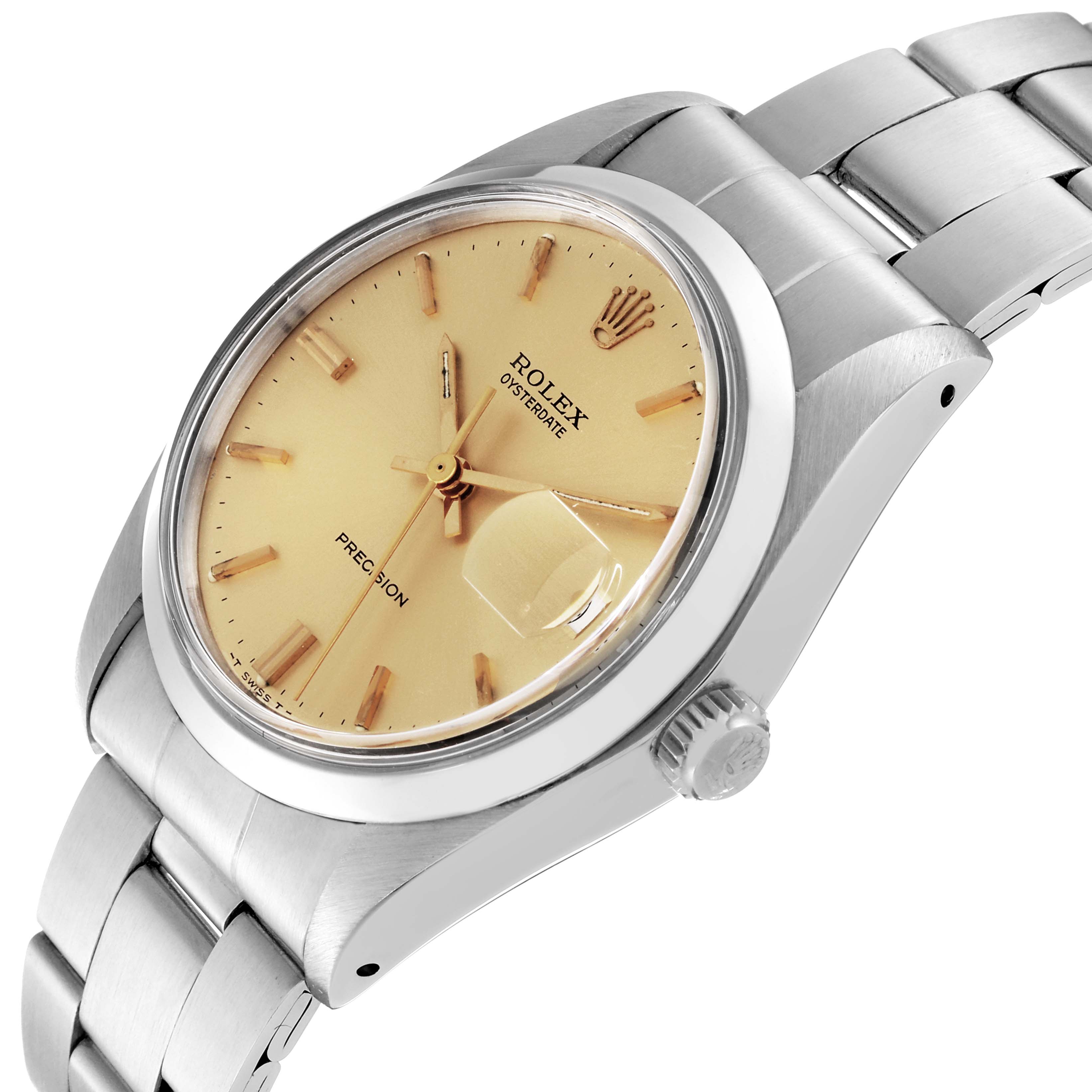 The image shows a Rolex Vintage Collection 6694 Men
s Stainless Steel Champagne Dial 6694 Men
s Stainless Steel Champagne Dial watch from a side angle, highlighting the dial, crown, and part of the bracelet.