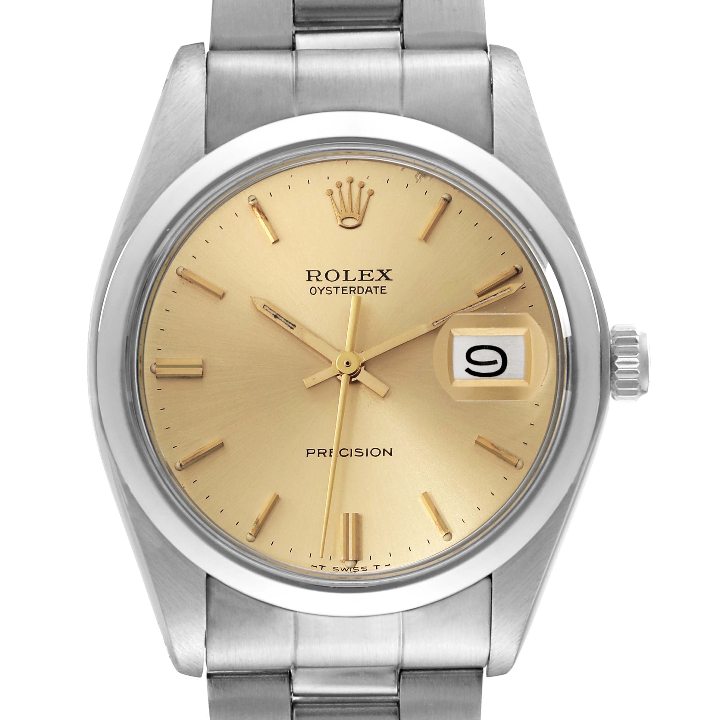 The Rolex Vintage Collection 6694 Men
s Stainless Steel Champagne Dial 6694 Men
s Stainless Steel Champagne Dial model watch is shown from a front angle, highlighting its gold dial, date window, and stainless steel bracelet.
