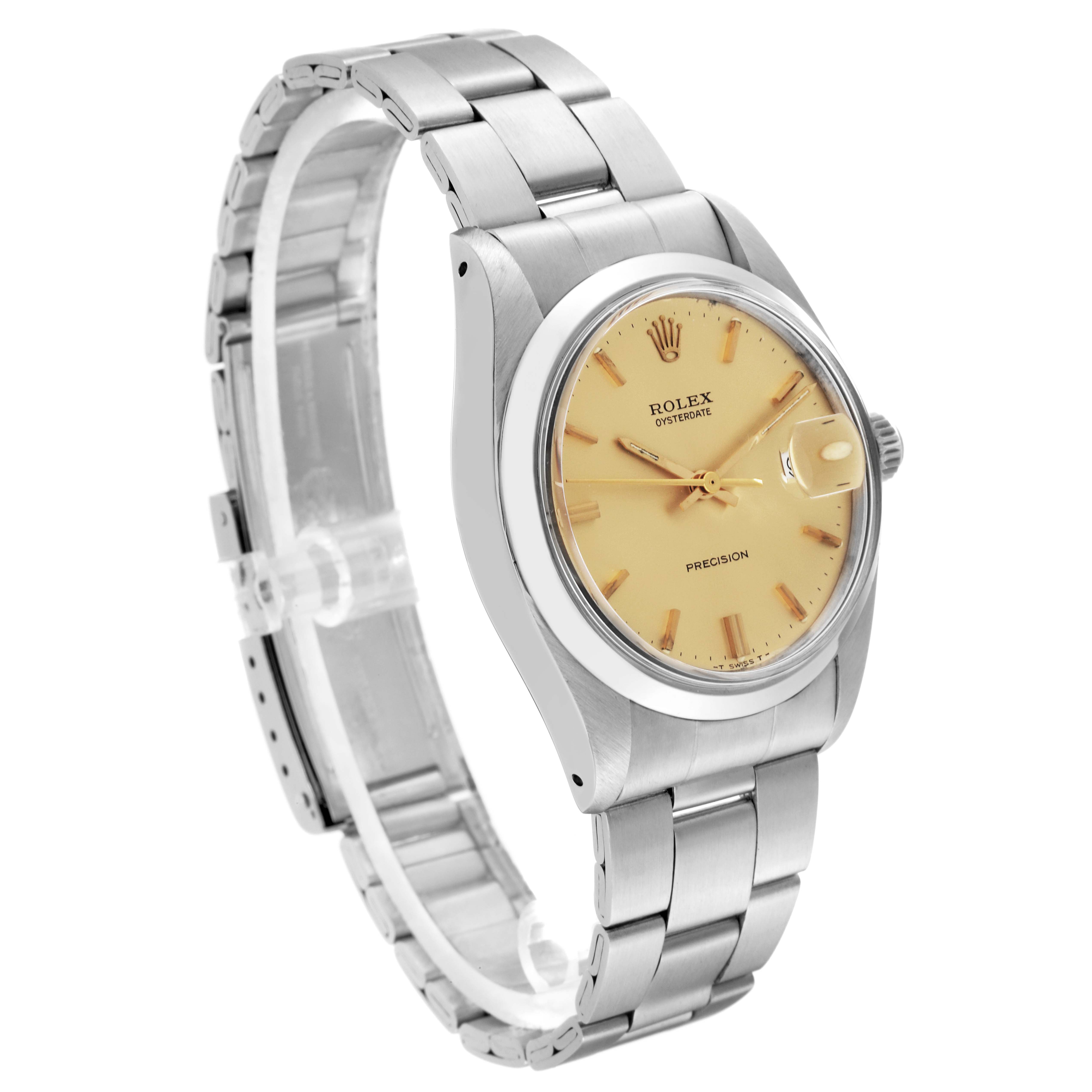 The Rolex Vintage Collection 6694 Men
s Stainless Steel Champagne Dial 6694 Men
s Stainless Steel Champagne Dial watch is shown at a left-angle view, displaying the face, bezel, crown, and stainless steel bracelet.