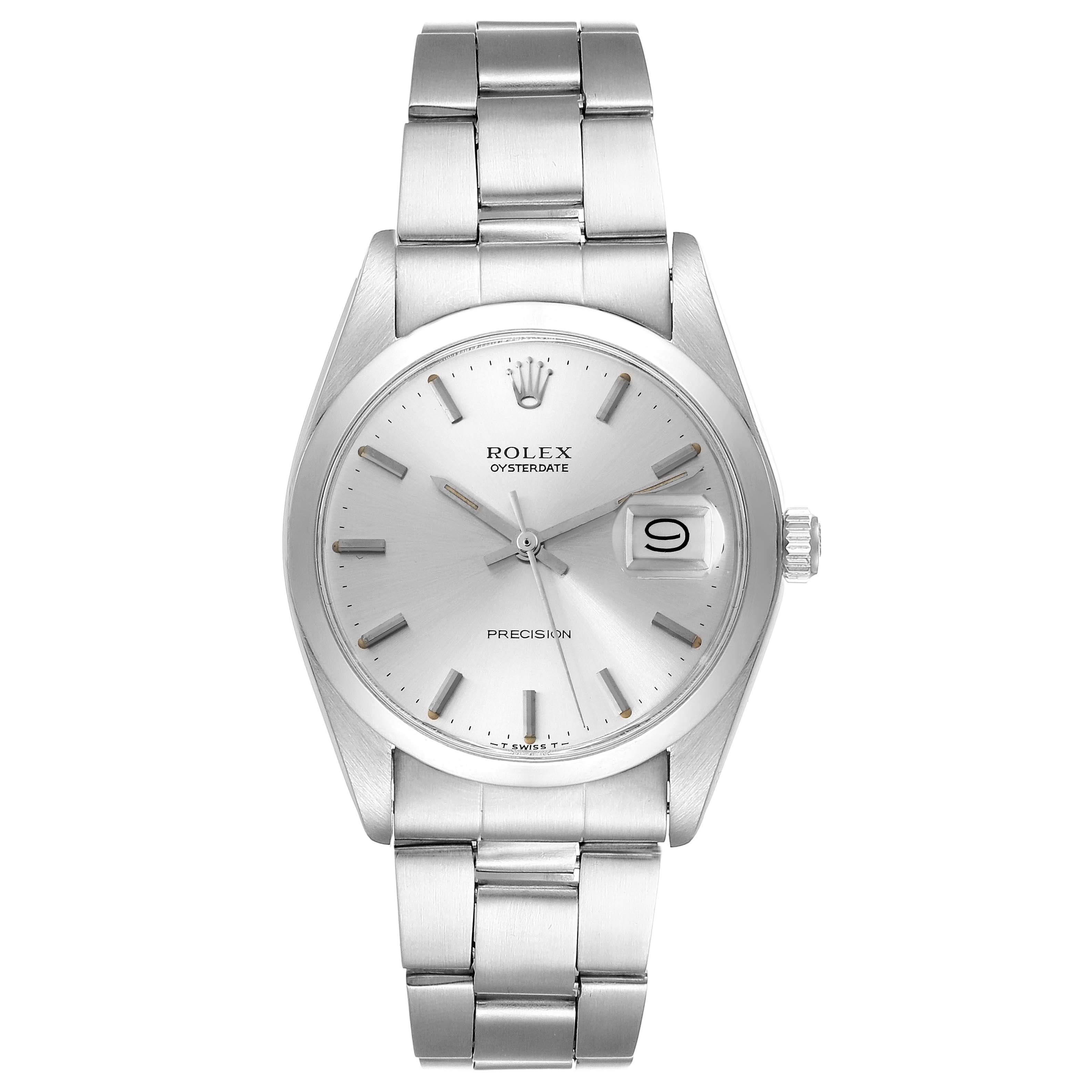 This is a front view of a Rolex Vintage Collection 6694 Men's Stainless Steel Silver Dial 6694 Men's Stainless Steel Silver Dial Oysterdate watch, showing the dial, bezel, bracelet, and date magnifier.