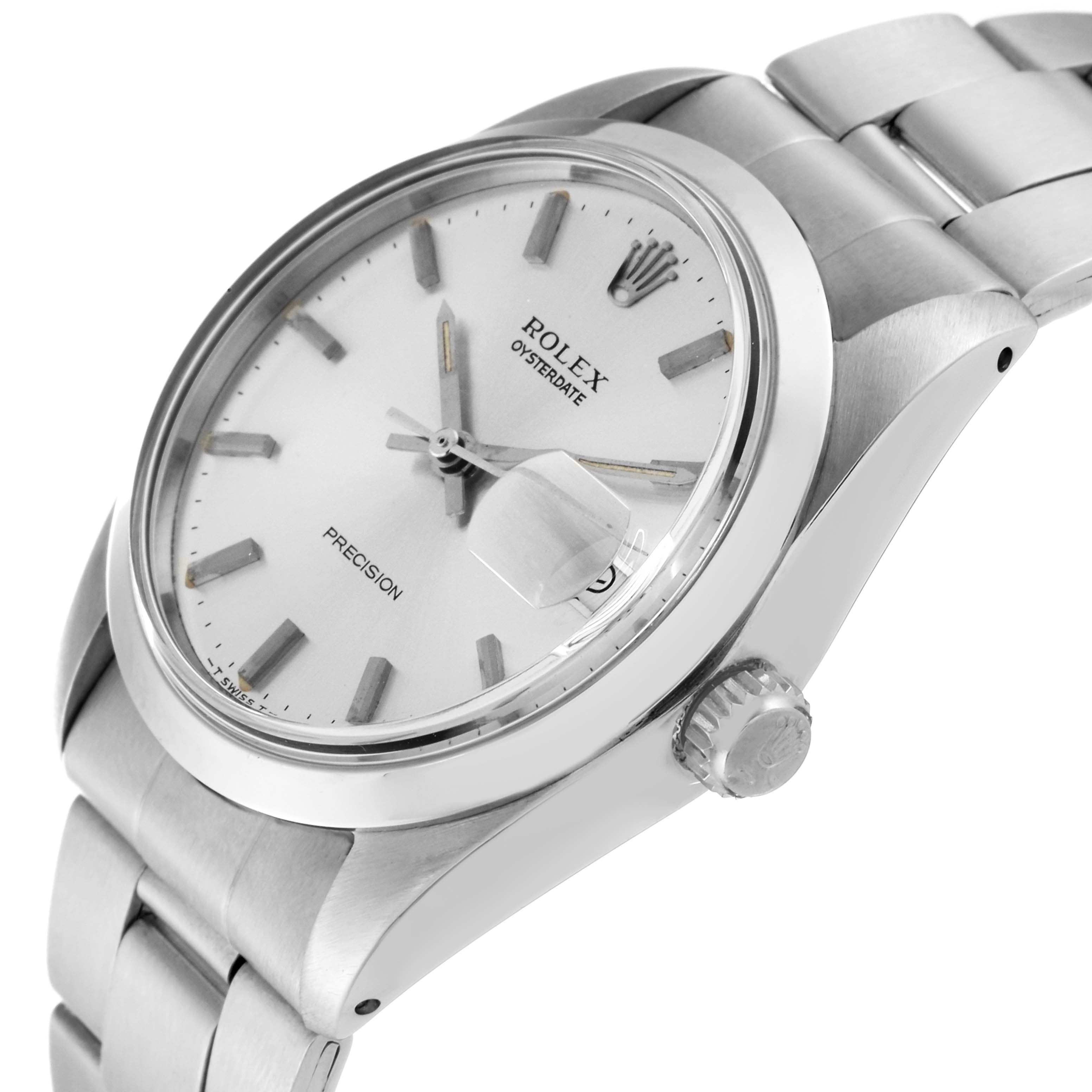 This image shows a close-up side angle of the Rolex Vintage Collection 6694 Men's Stainless Steel Silver Dial 6694 Men's Stainless Steel Silver Dial watch, highlighting the dial, crown, and bracelet.